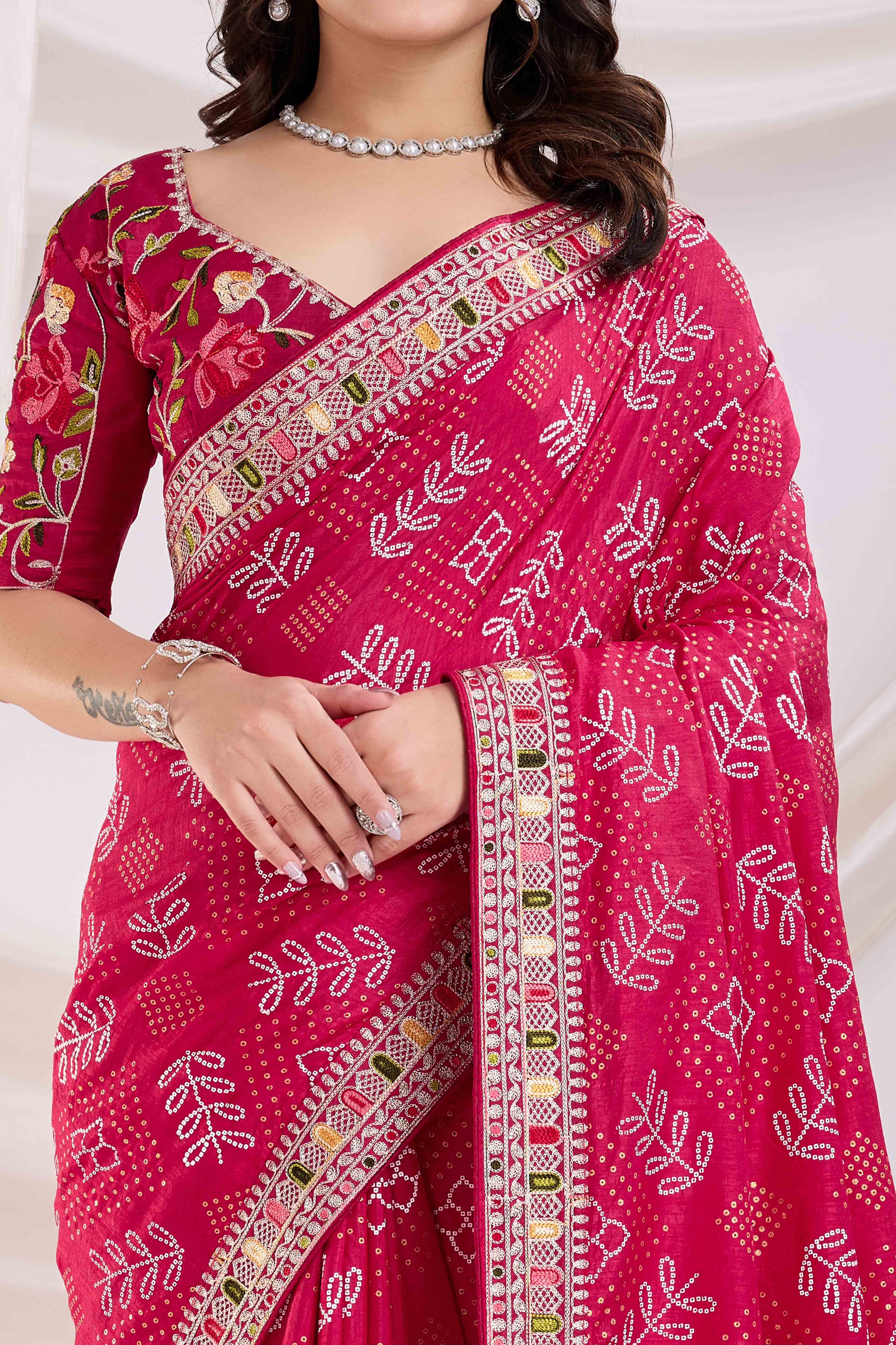 Rani Pink Bandhani Printed With Embroidered Border Vichitra Silk Saree