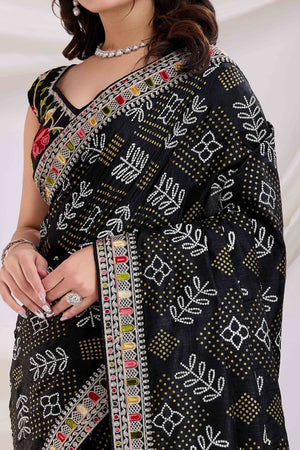 Black Bandhani Printed With Embroidered Border Vichitra Silk Saree