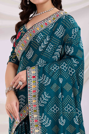Teal Bandhani Printed With Embroidered Border Vichitra Silk Saree