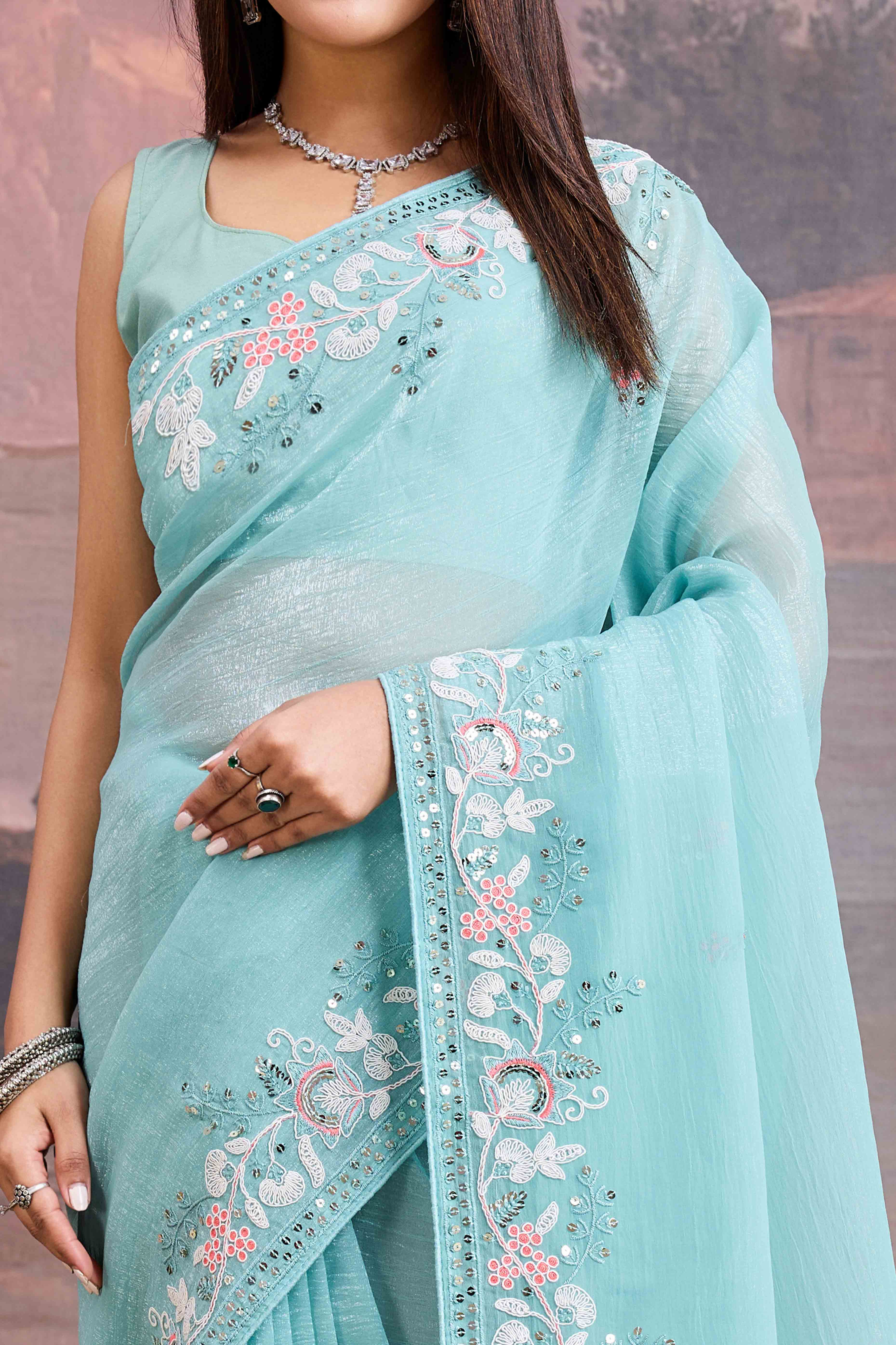 Blue Floral Sequins Embroidered Organza Saree