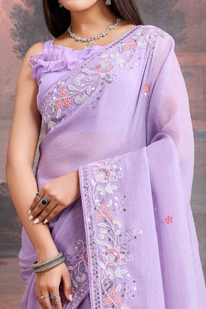 Lavender Floral Sequins Embroidered Organza Saree