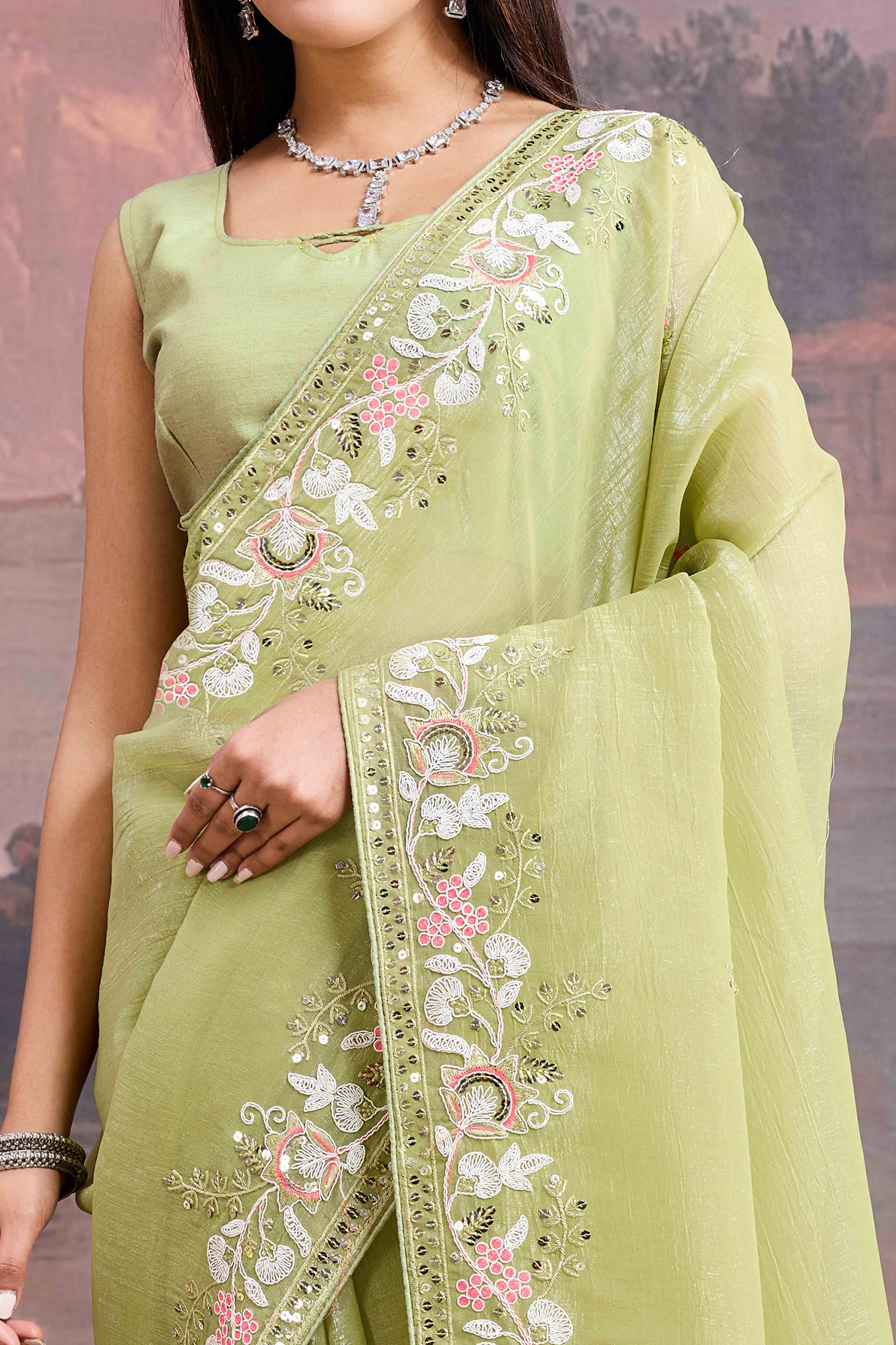 Green Floral Sequins Embroidered Organza Saree