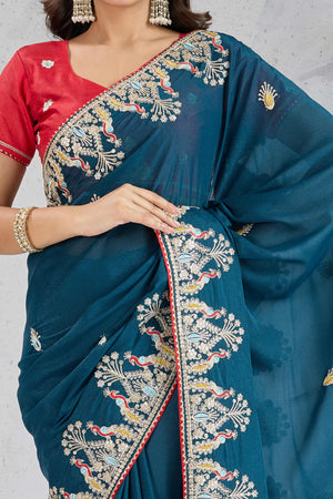 Teal Embroidered Saree with Ethnic Detailing in Georgette Fabric