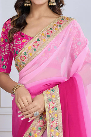 Pink To Magenta Georgette Ombre Saree With Intricate Floral Cording Embroidery & Sequin Detailing