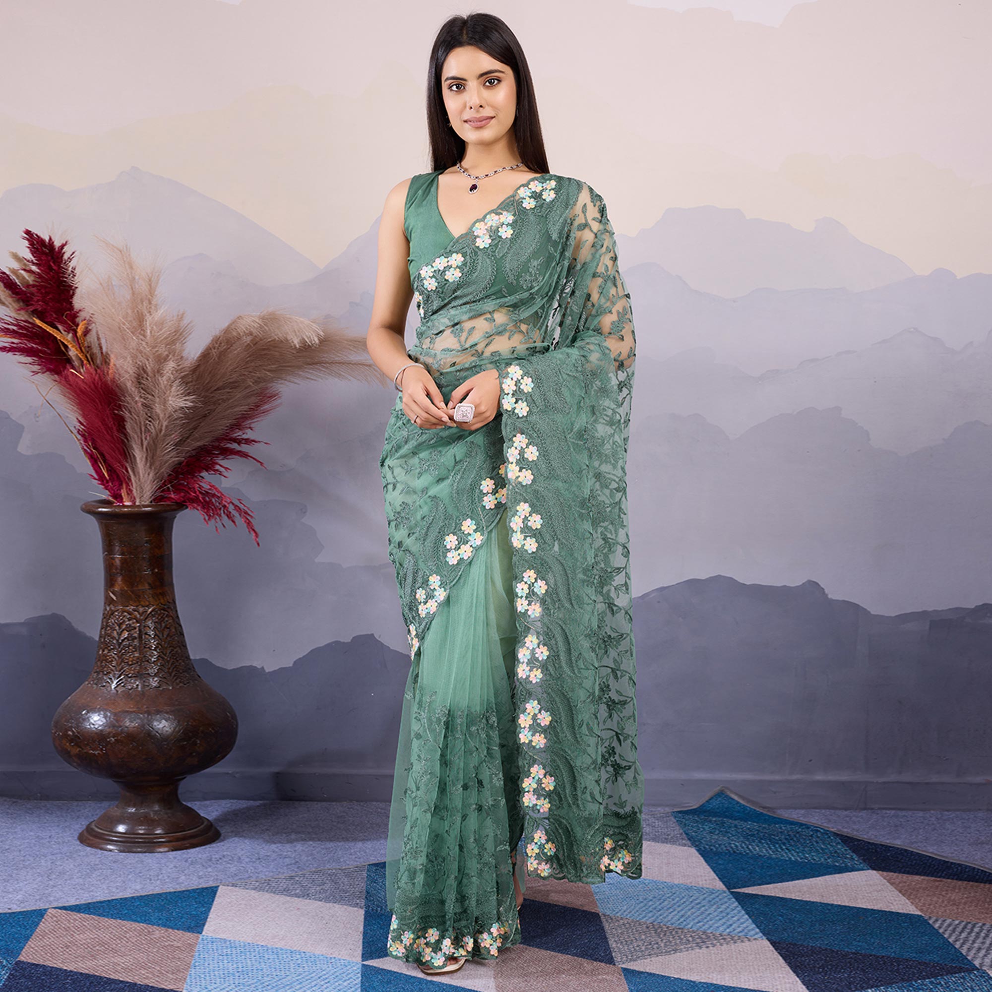 Green Floral Thread Embroidered Net Saree