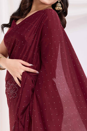 Maroon Floral Swarovski Work Rangoli Art Silk Ready To Wear Saree