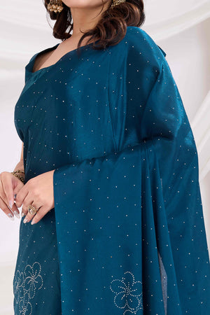 Blue Floral Swarovski Work Rangoli Art Silk Ready To Wear Saree