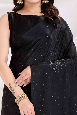 Black Floral Swarovski Work Rangoli Art Silk Ready To Wear Saree
