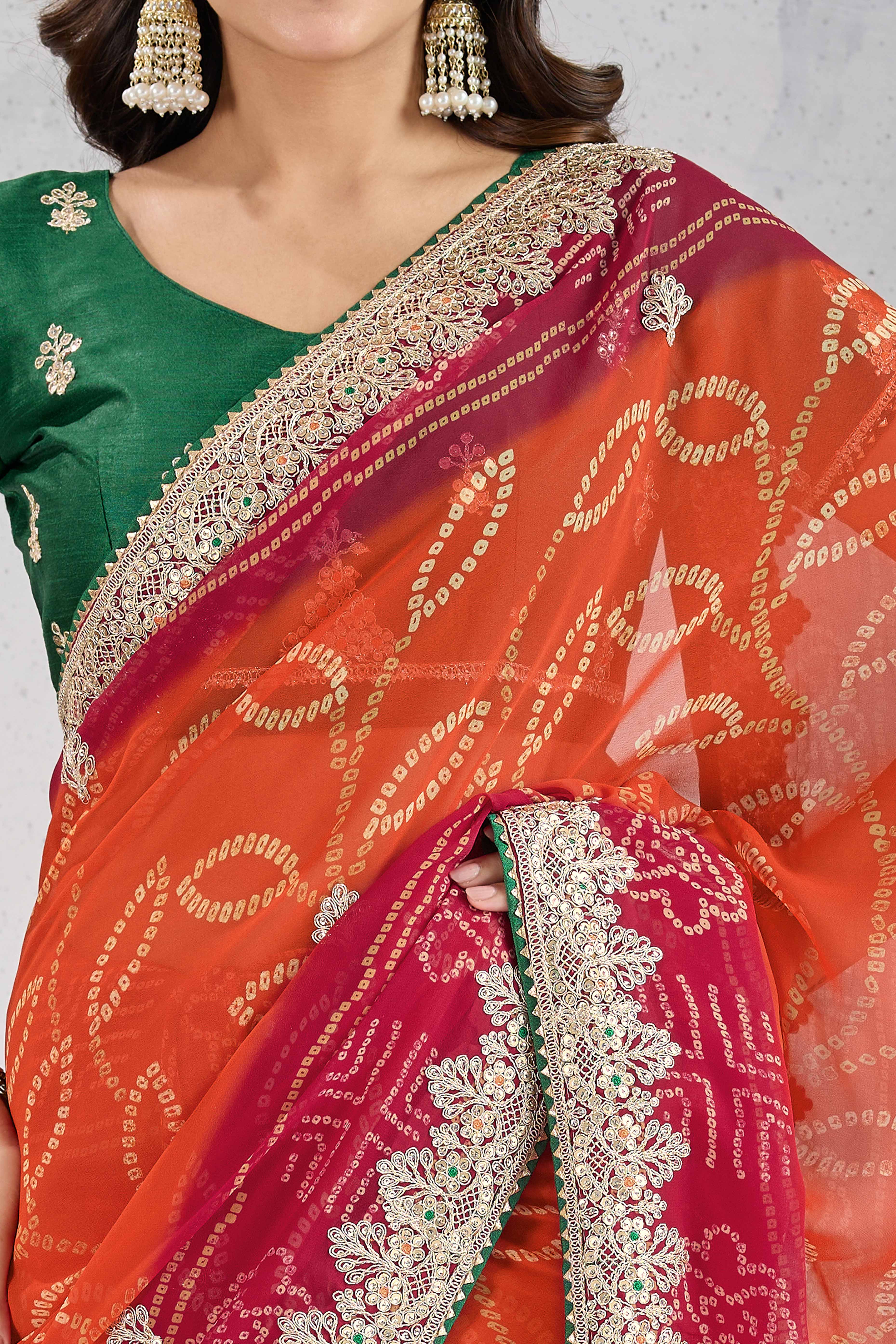 Traditional Bandhani Orange Georgette Saree with Fine Embroidery