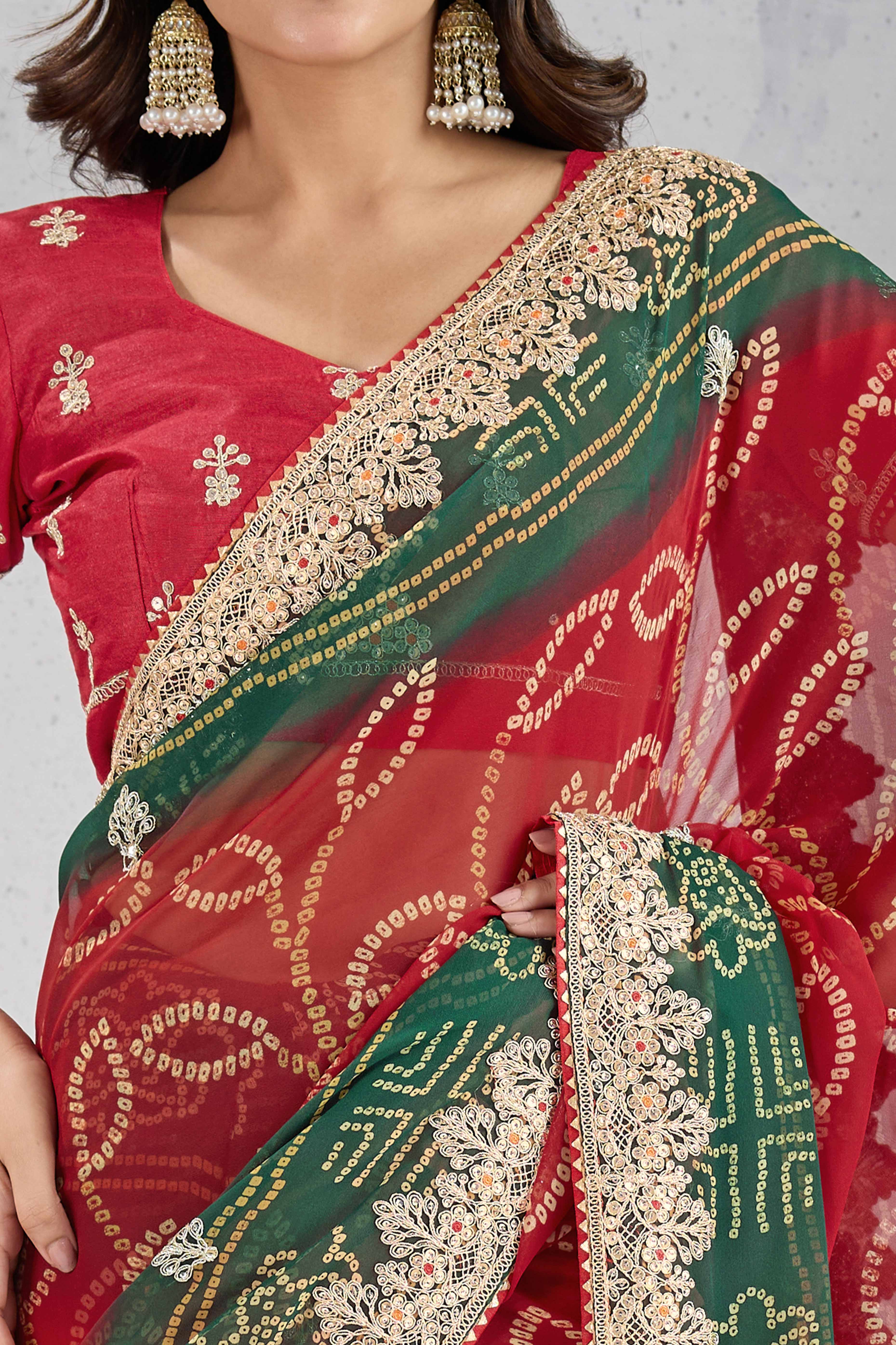 Traditional Bandhani Red Georgette Saree with Fine Embroidery