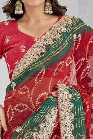 Traditional Bandhani Red Georgette Saree with Fine Embroidery