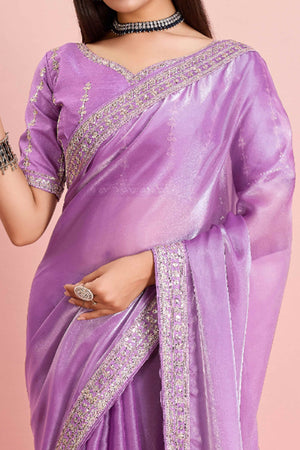 Lavender Solid With Floral Sequins Embroidered Jimmy Choo Tissue Saree