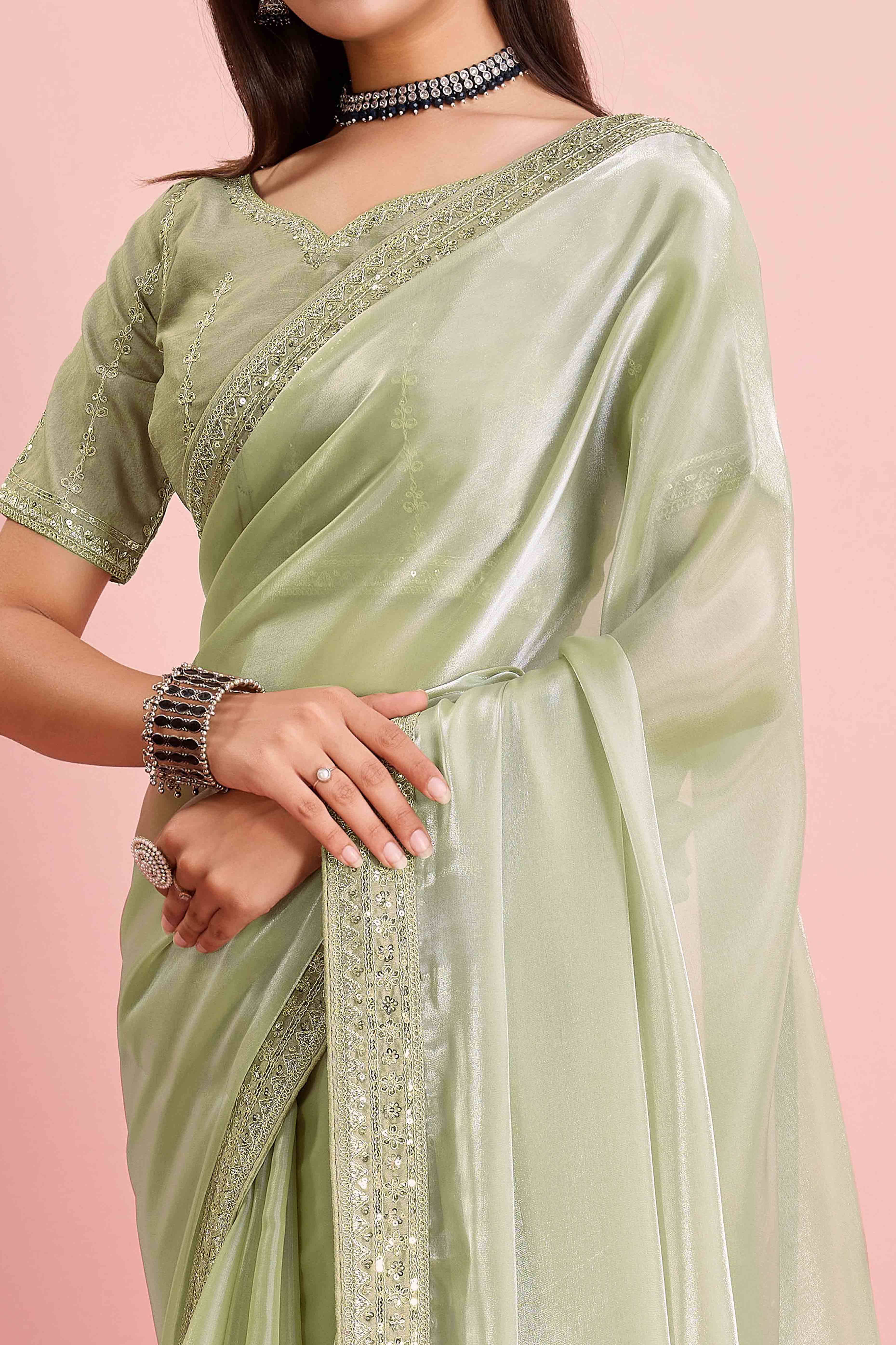 Green Solid With Floral Sequins Embroidered Jimmy Choo Tissue Saree