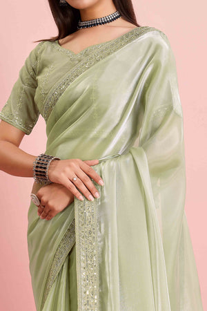 Green Solid With Floral Sequins Embroidered Jimmy Choo Tissue Saree