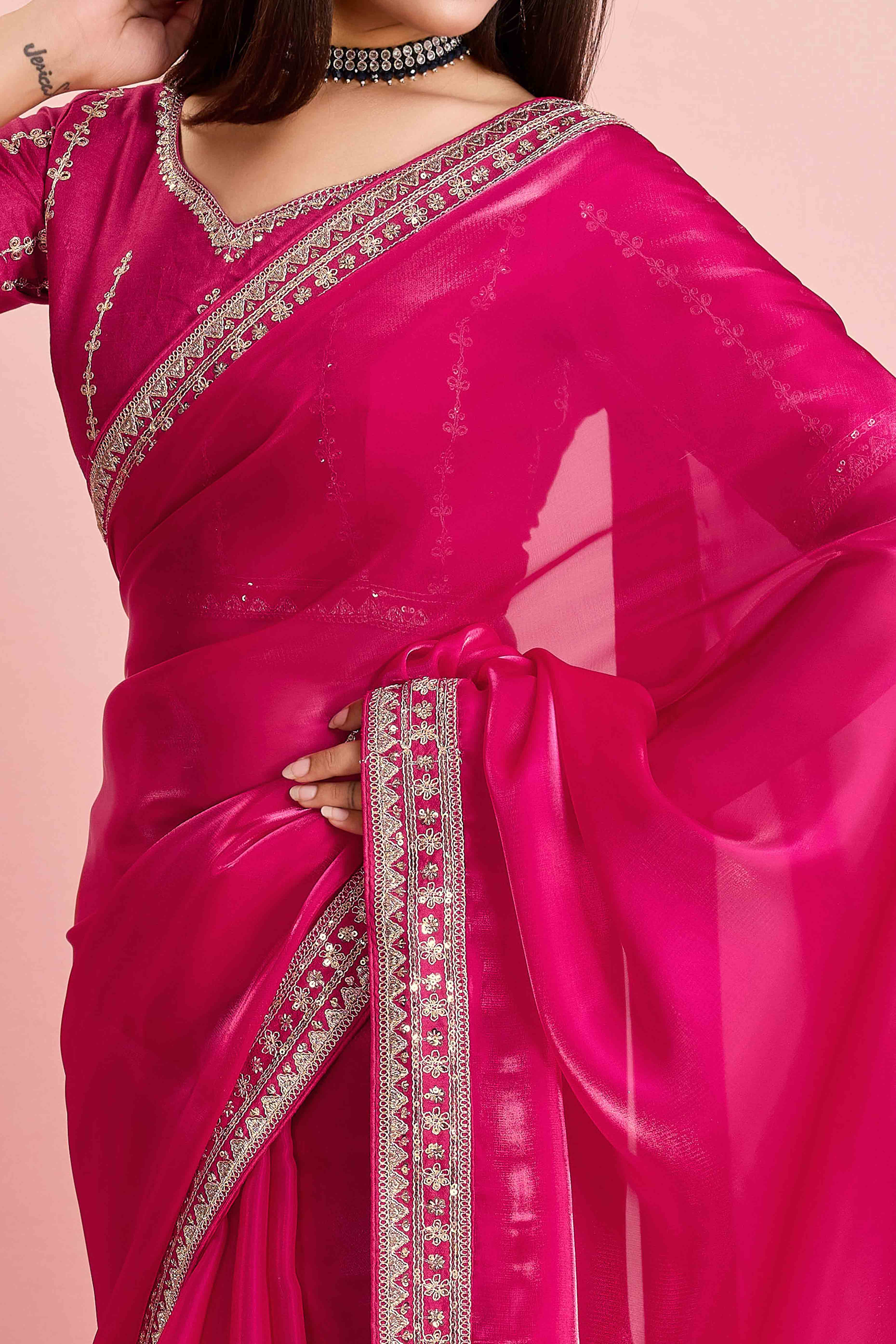 Rani Pink Solid With Floral Sequins Embroidered Jimmy Choo Tissue Saree