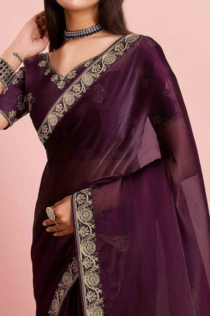 Wine Solid With Sequins Embroidery Border Mulberry Silk Saree