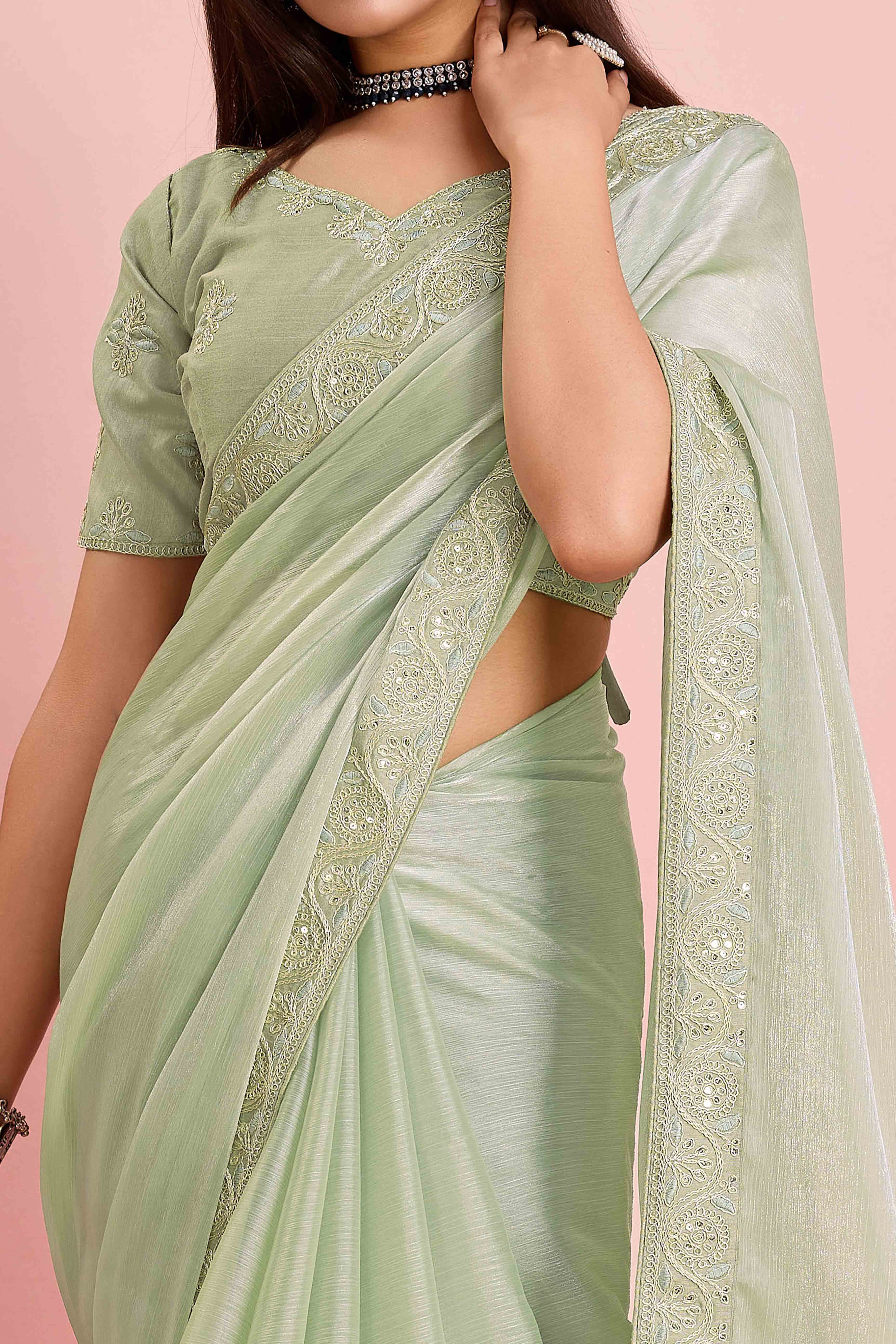 Green Solid With Sequins Embroidery Border Mulberry Silk Saree