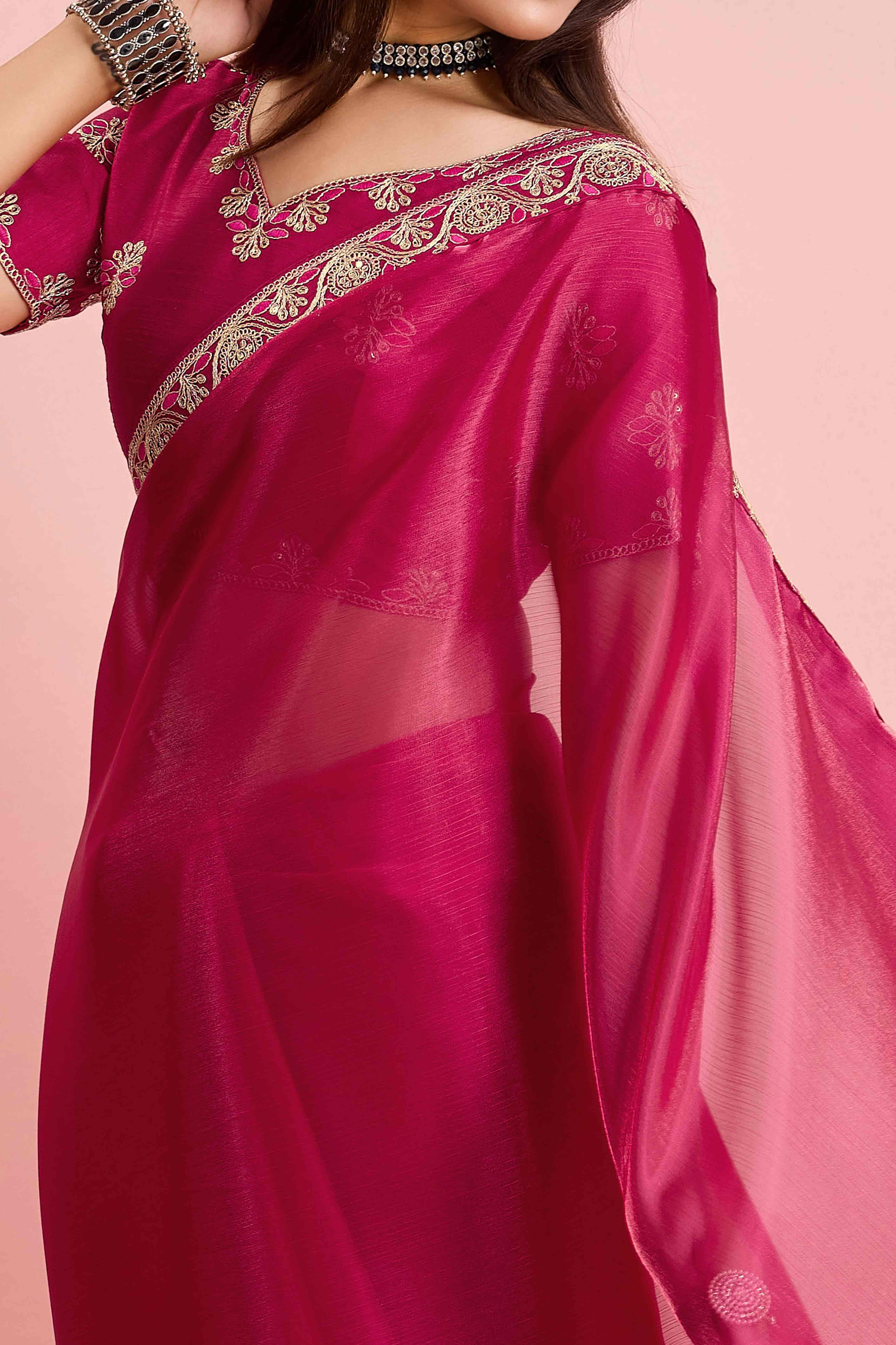 Rani Pink Solid With Sequins Embroidery Border Mulberry Silk Saree