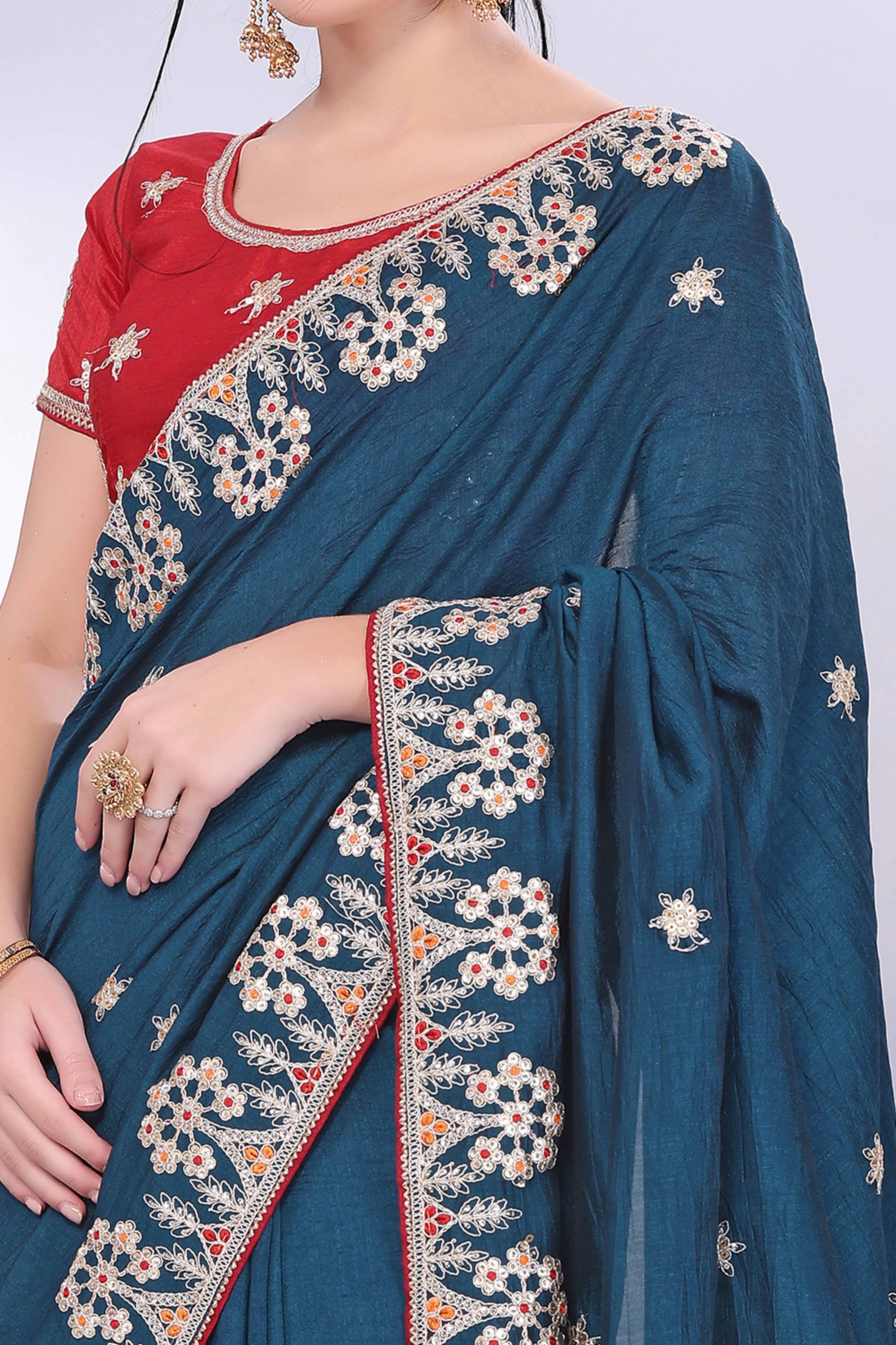 Morpich Blue Vichitra Silk Saree Embellished With Floral Cording Embroidery & Sparkling Sequins