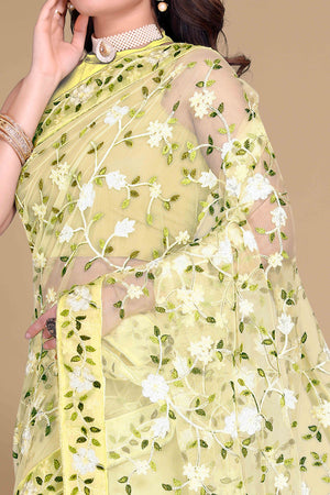 Yellow Net Saree with All Over Floral Heavy Embroidery