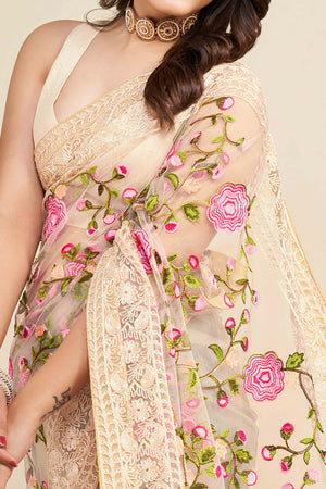 Cream Floral Embroidered Party Wear Saree in Net Fabric with Lavish Detailing