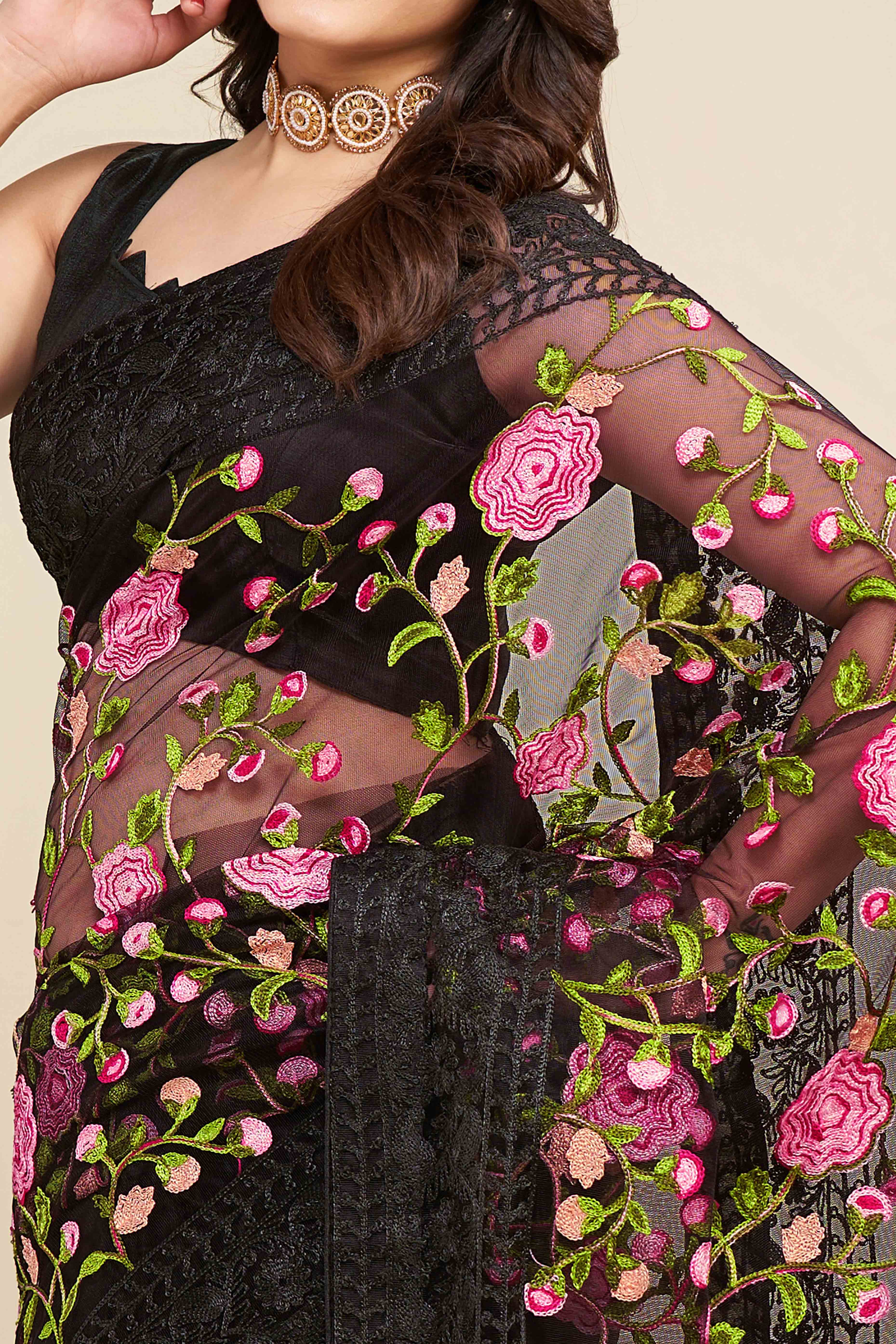 Black Floral Embroidered Party Wear Saree in Net Fabric with Lavish Detailing