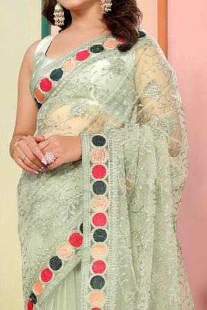 Green Floral Embroidered Net Saree
