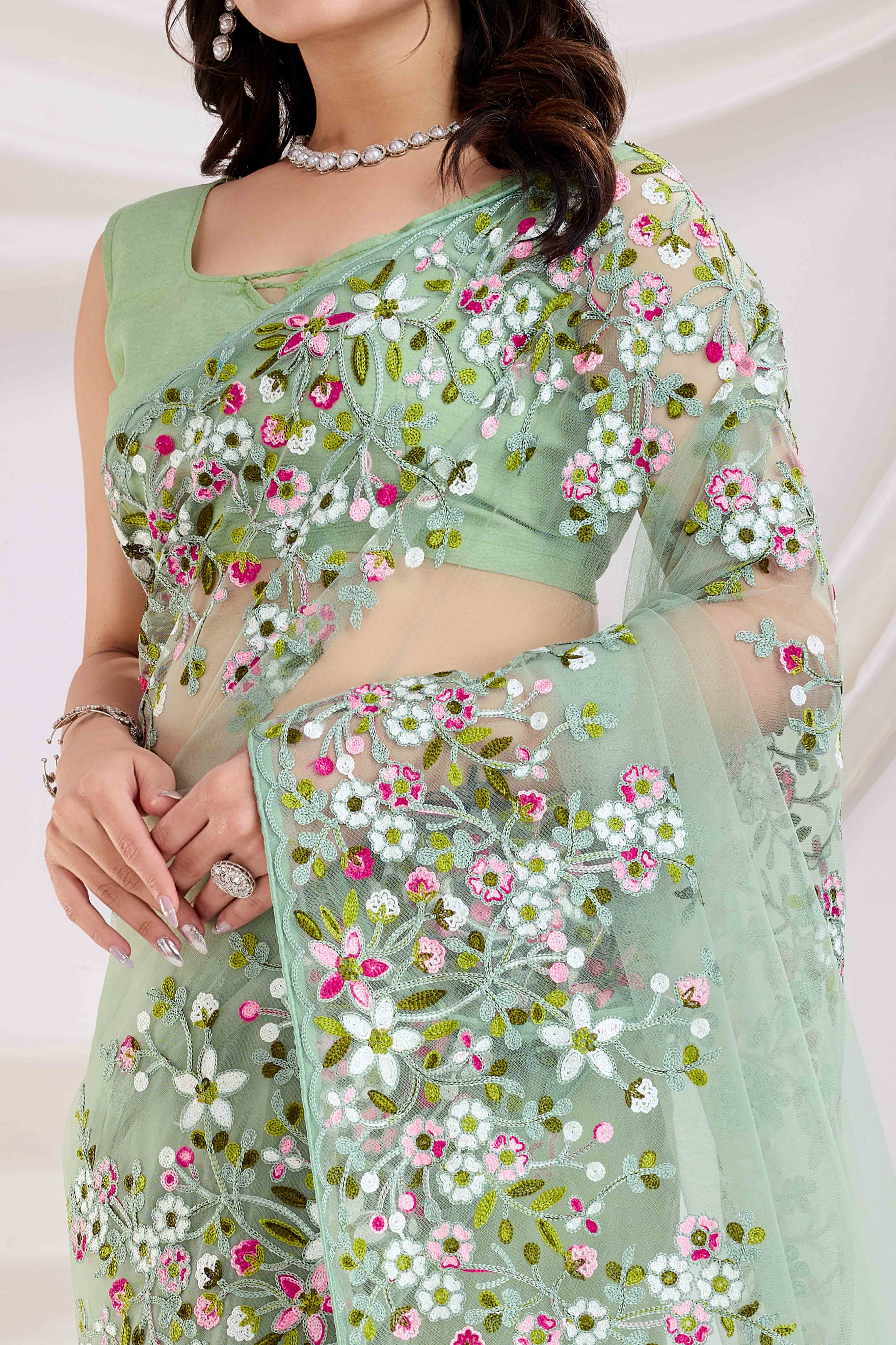 Green Floral Embroidered Net Saree