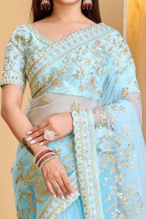 Blue Soft Net Saree With Delicate Floral Embroidery & Shimmering Sequins Work