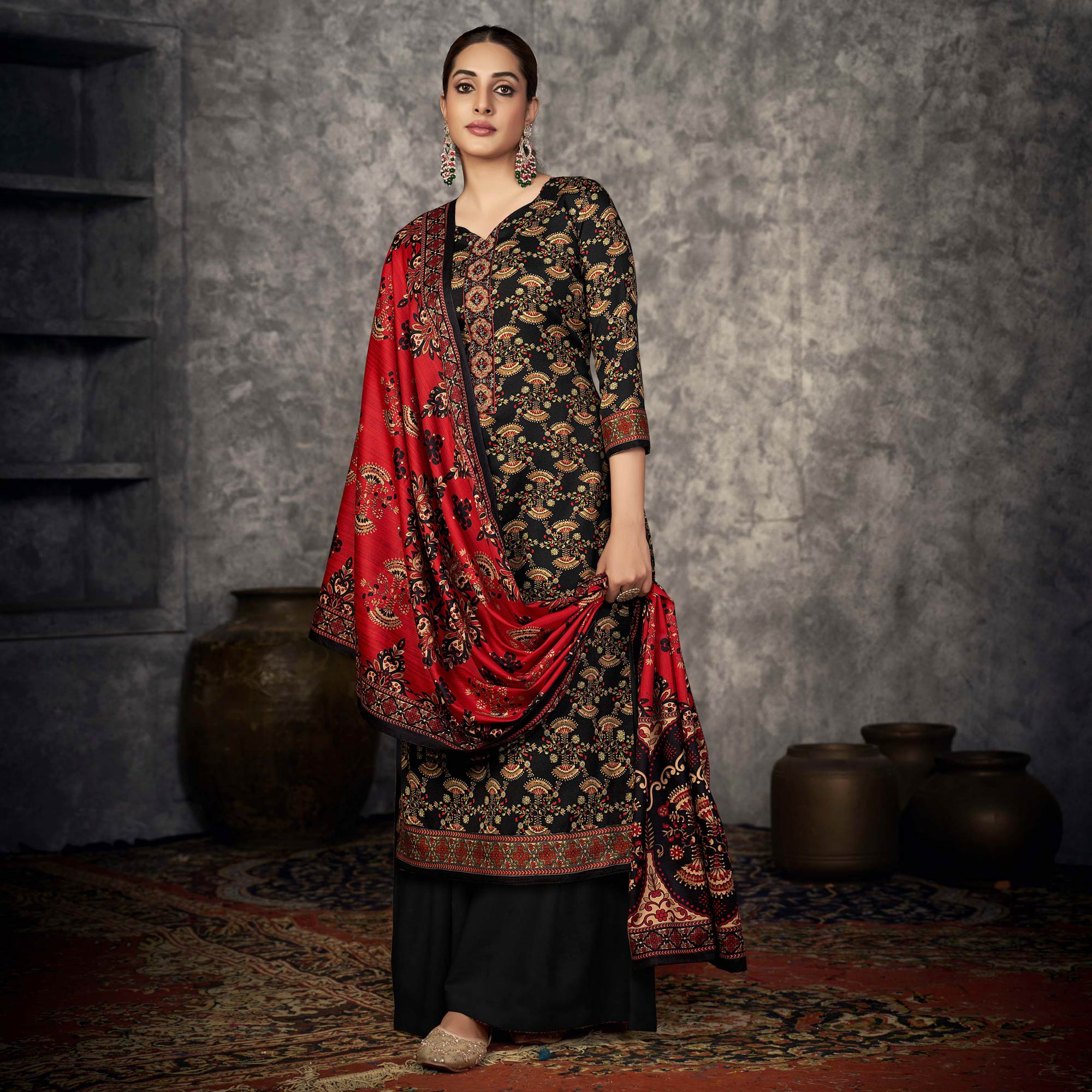 Black Printed With Embroidered Pashmina Suit
