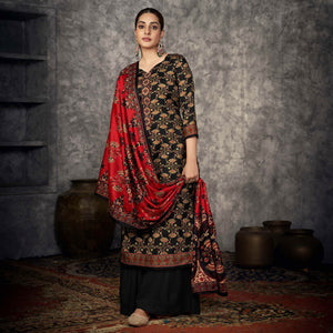 Black Printed With Embroidered Pashmina Suit