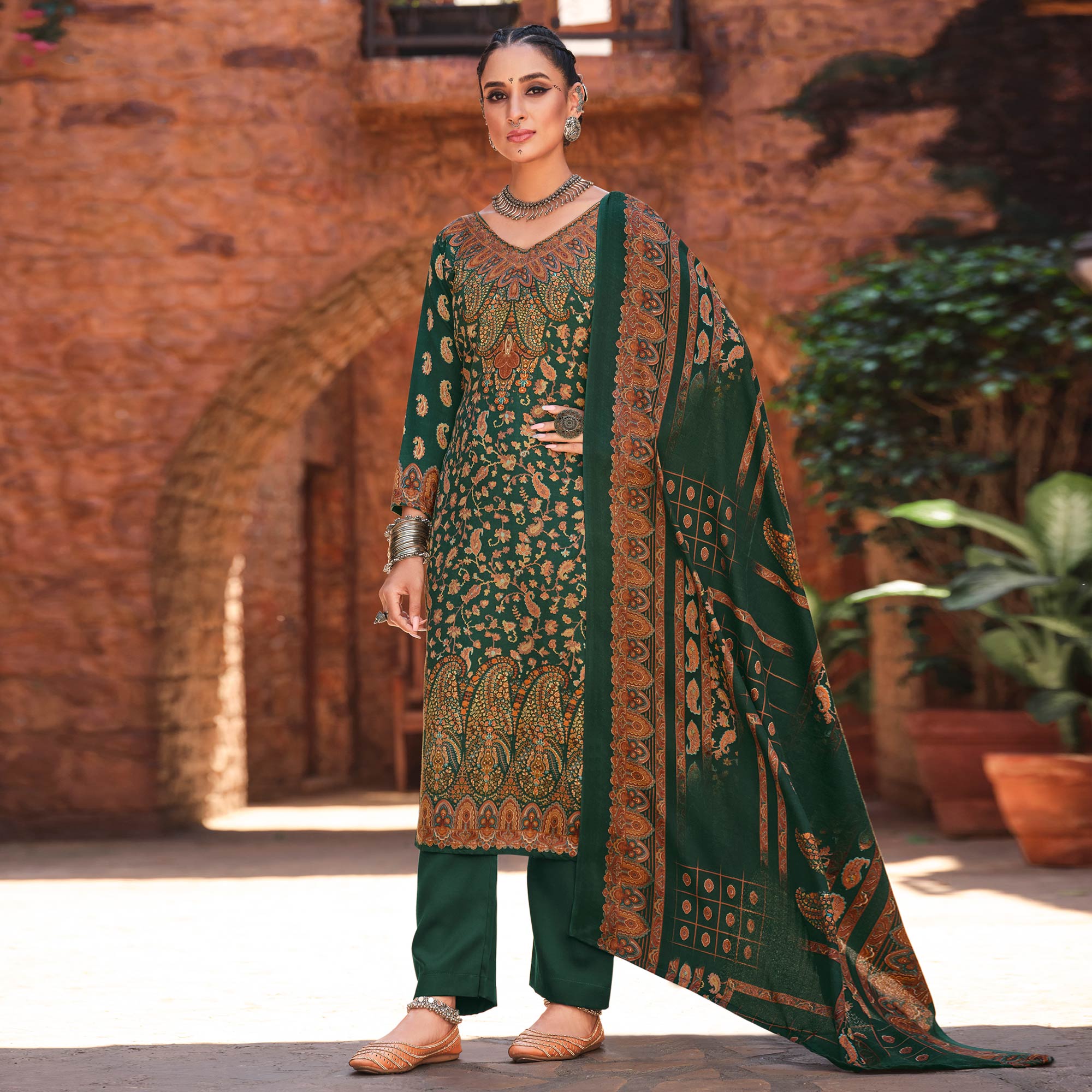 Green Floral Digital Printed Pashmina Salwar Suit