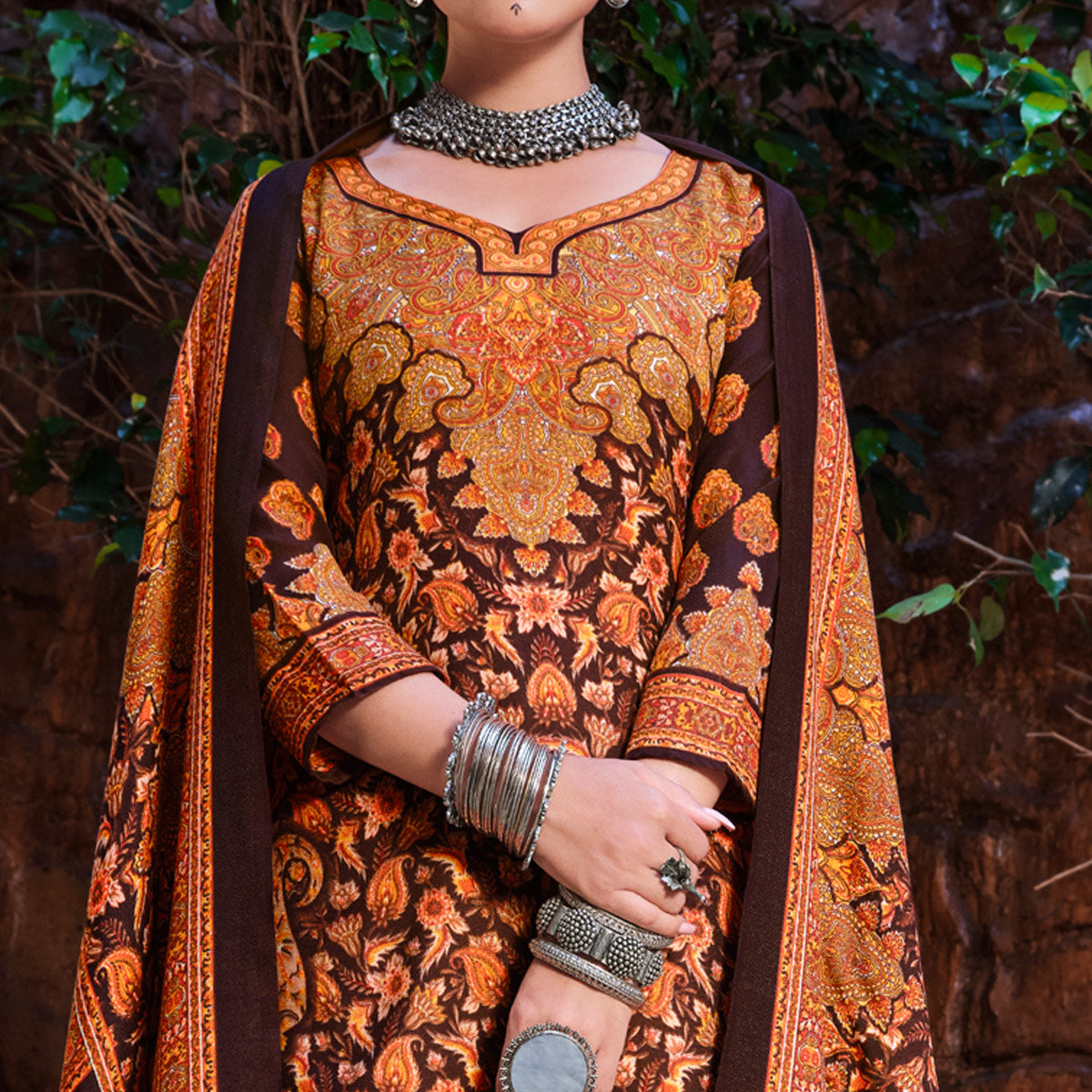 Brown Floral Digital Printed Pashmina Salwar Suit