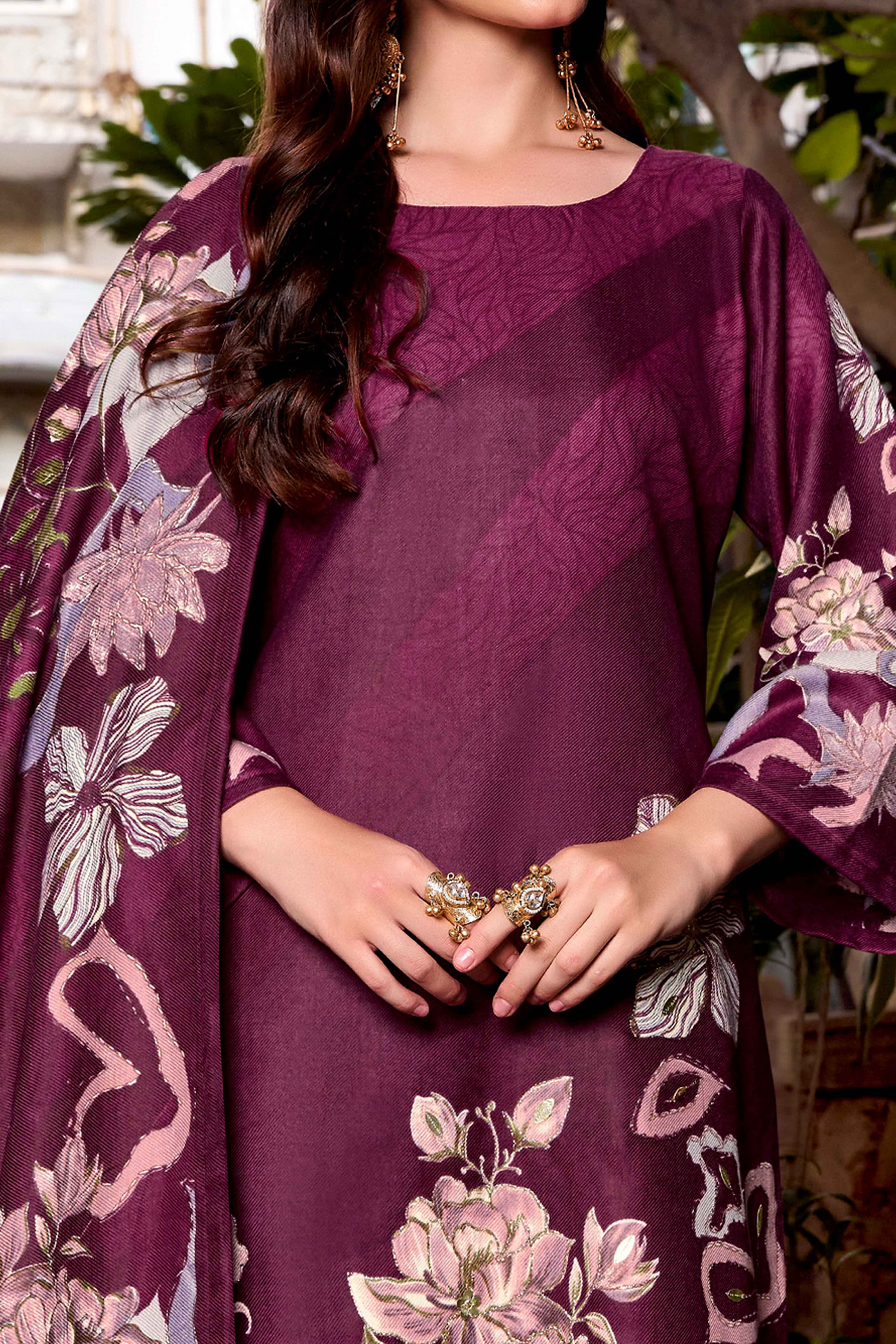 Purple Elegant Floral Printed Pure Pashmina Dress Material for Winter Wear