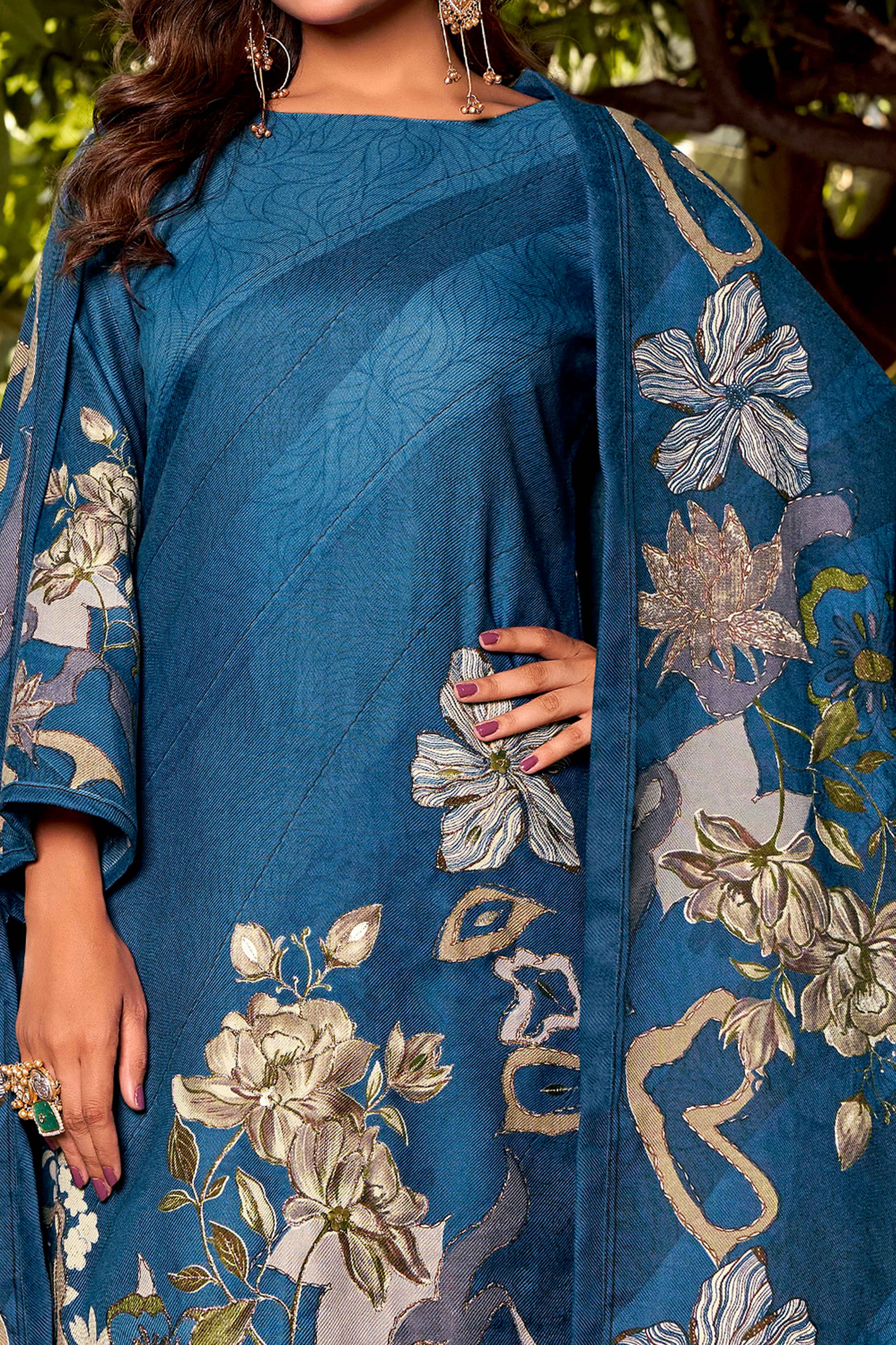 Blue Elegant Floral Printed Pure Pashmina Dress Material for Winter Wear