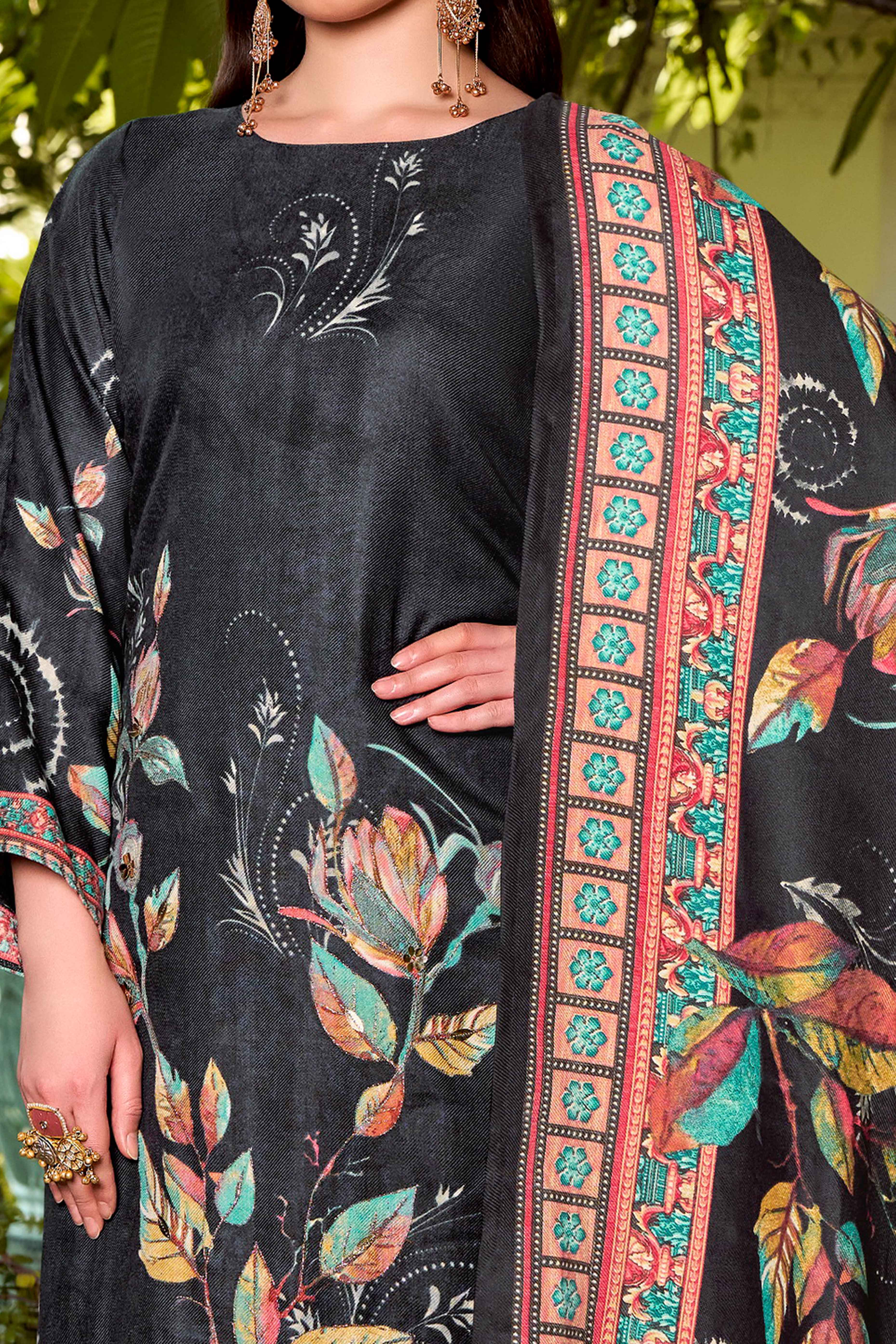Black Elegant Floral Printed Pure Pashmina Dress Material for Winter Wear