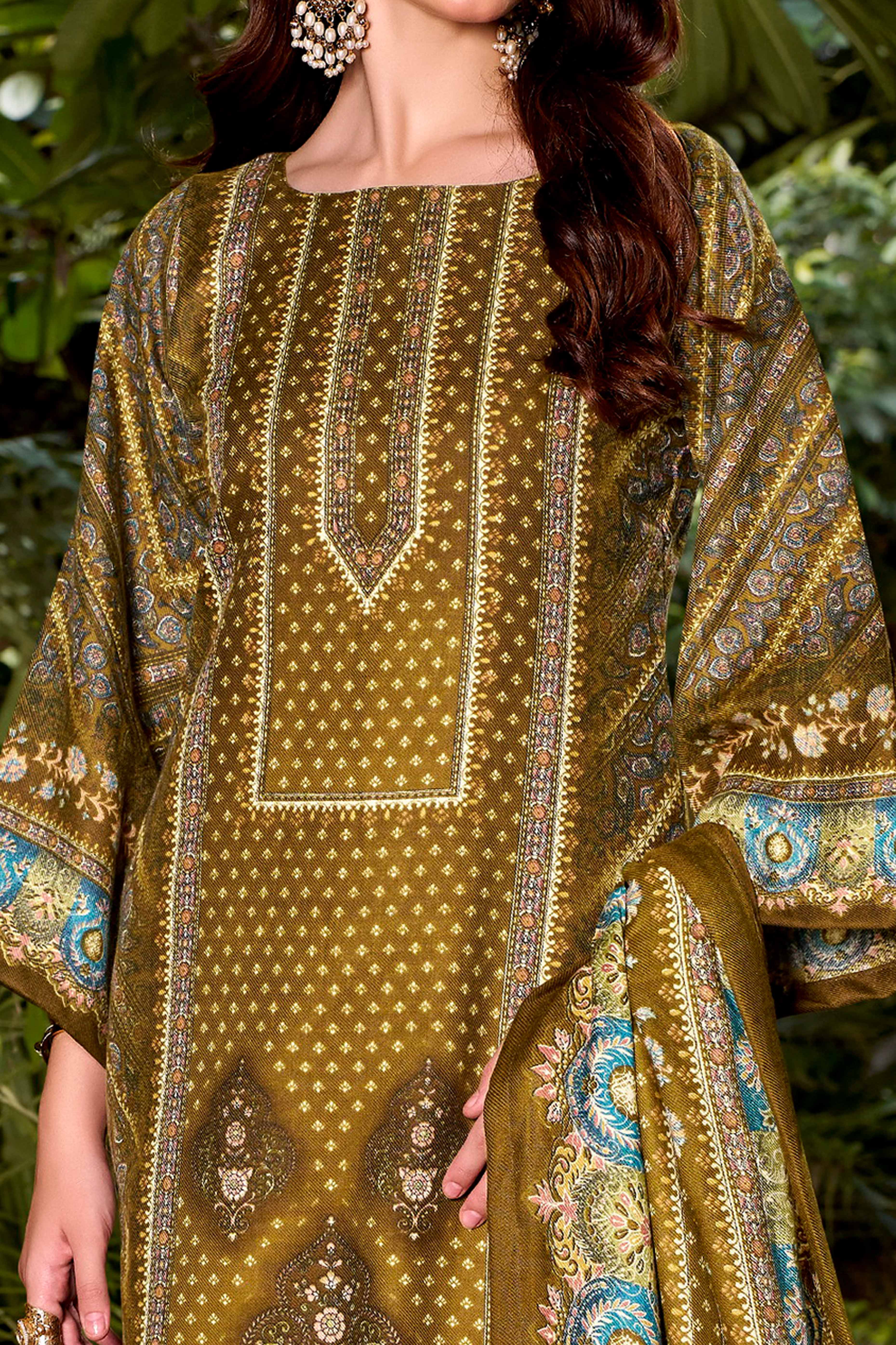 Designed Mehendi Green Pure Pashmina Wool Fabric with Floral Prints for Timeless Appeal