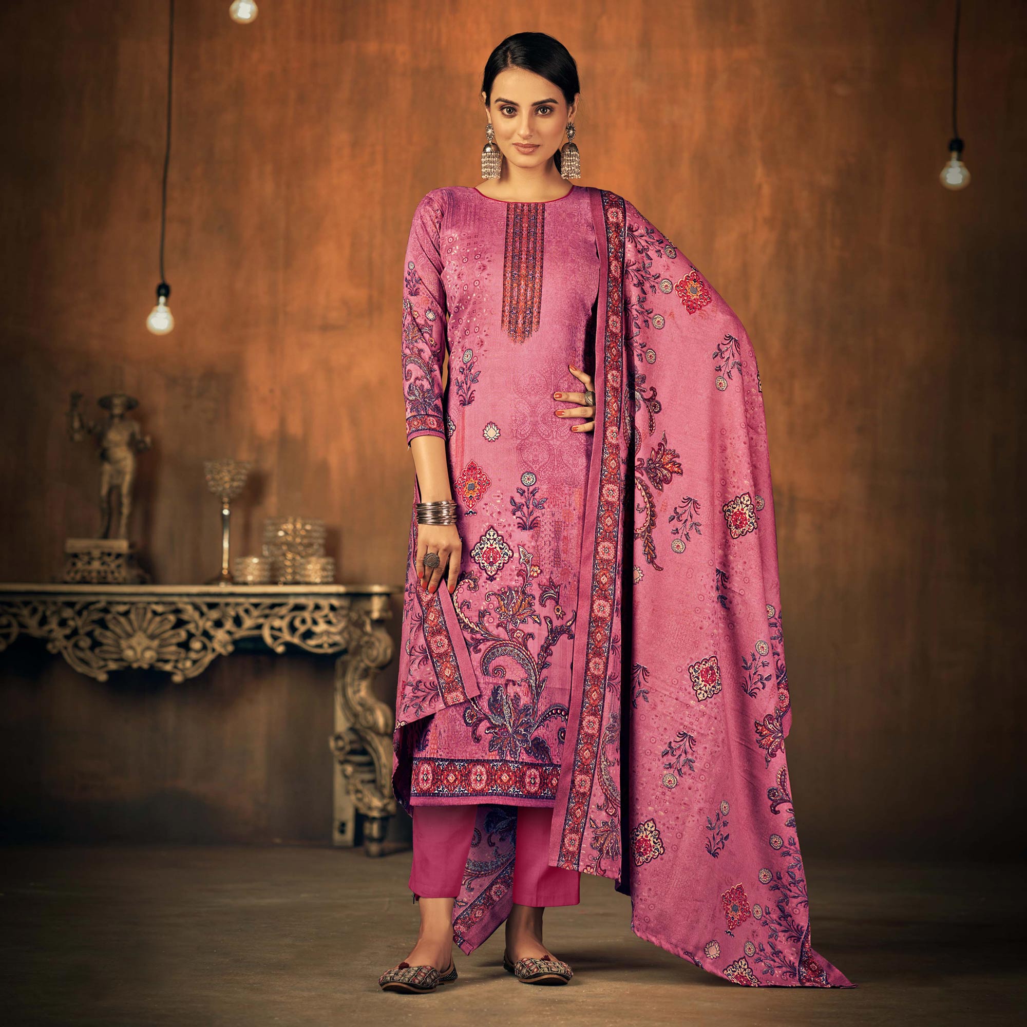 Pink Printed With Swarovski Work Pashmina Salwar Suit