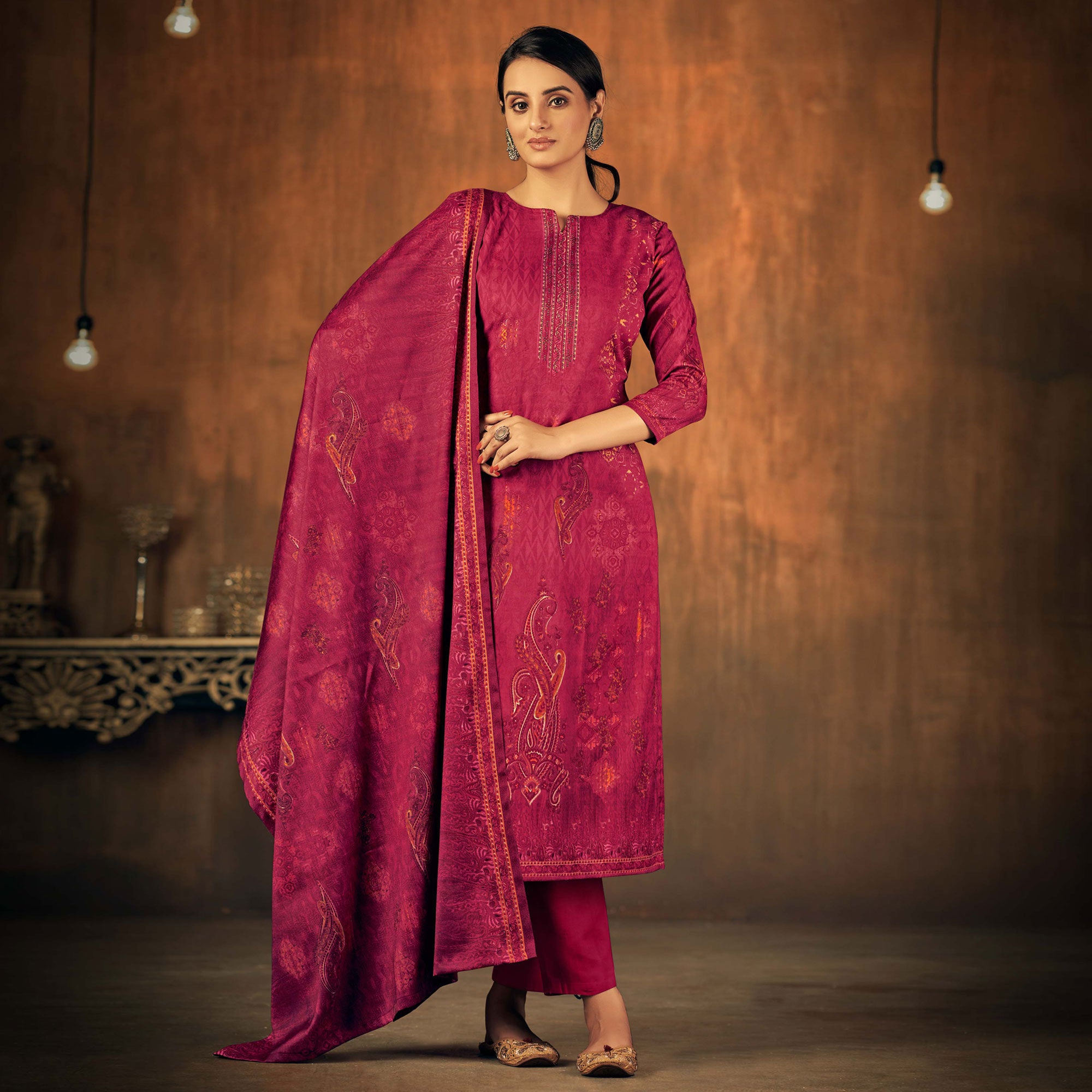 Magenta Printed With Swarovski Work Pashmina Salwar Suit
