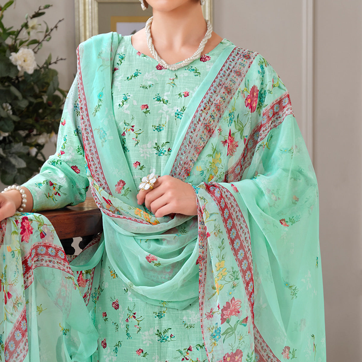 Sea Green Floral Digital Printed Pure Cotton Salwar Suit
