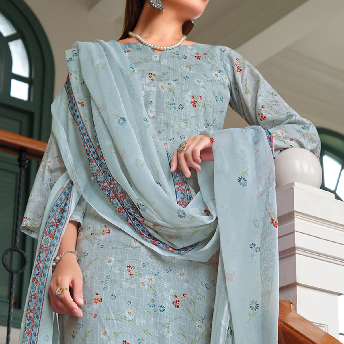 Blue Floral Digital Printed Pure Cotton Salwar Suit