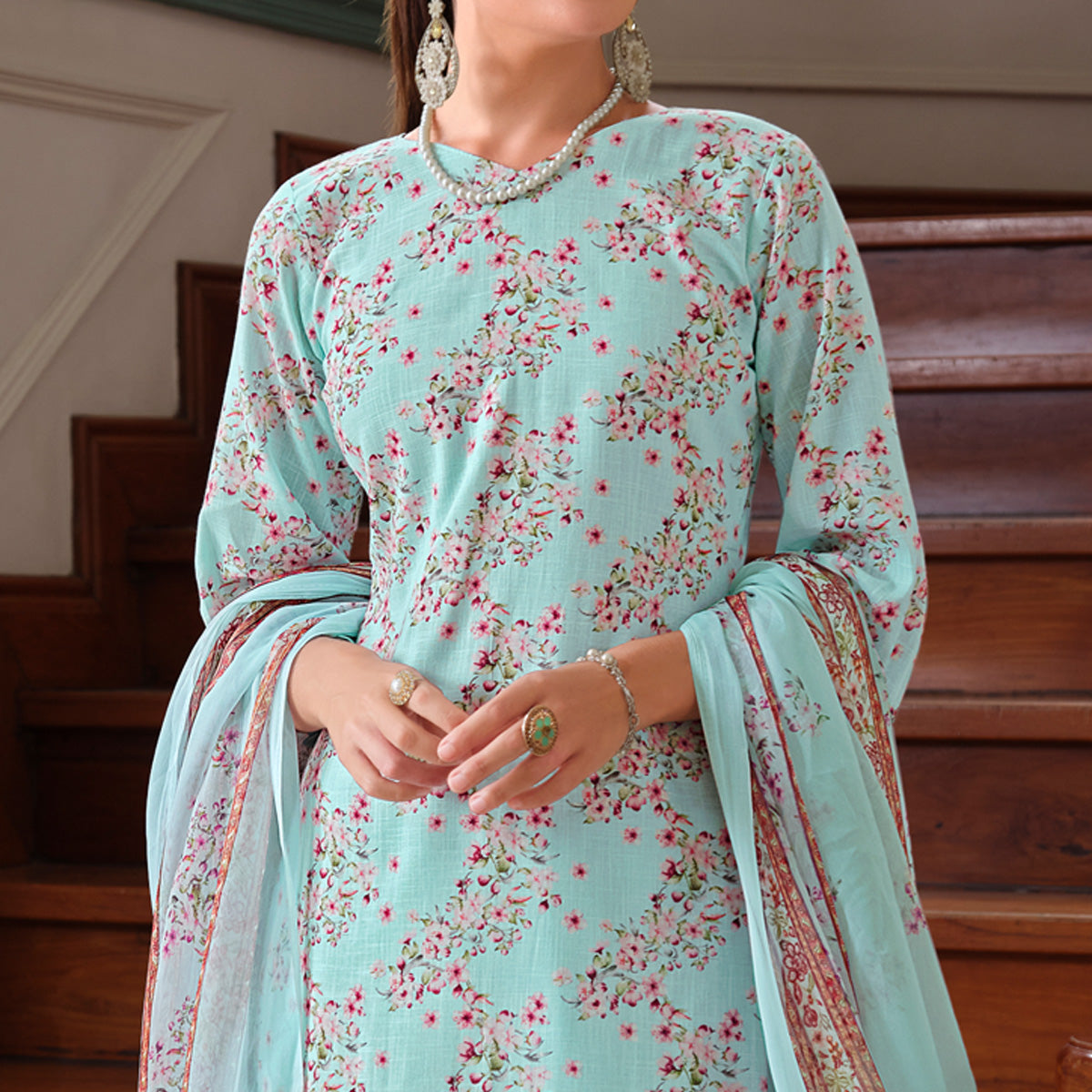 Turquoise Floral Digital Printed Pure Cotton Salwar Suit