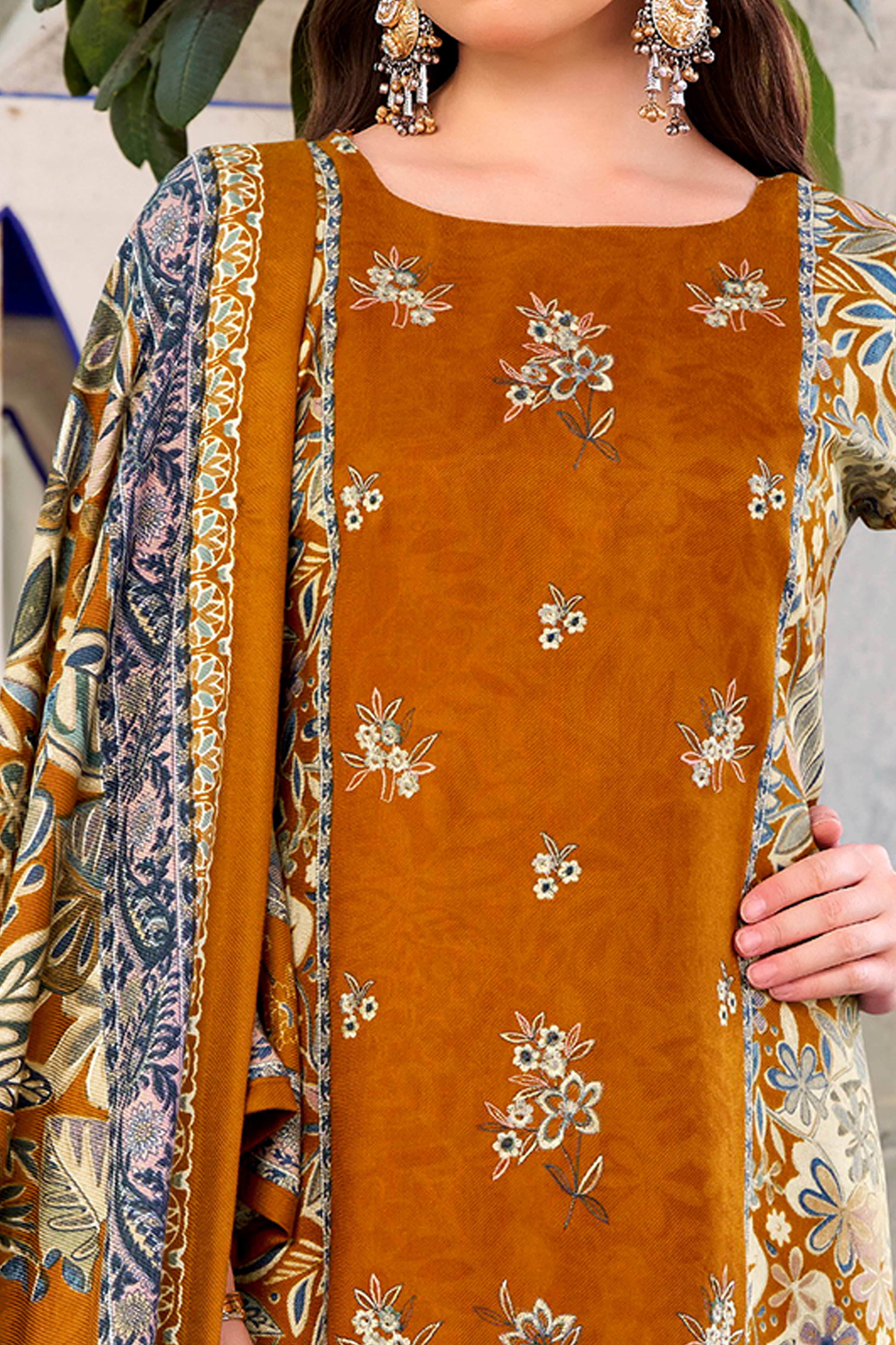 Mustard Floral Printed Pure Wool Pashmina Suit Material Ideal for Winter Fashion