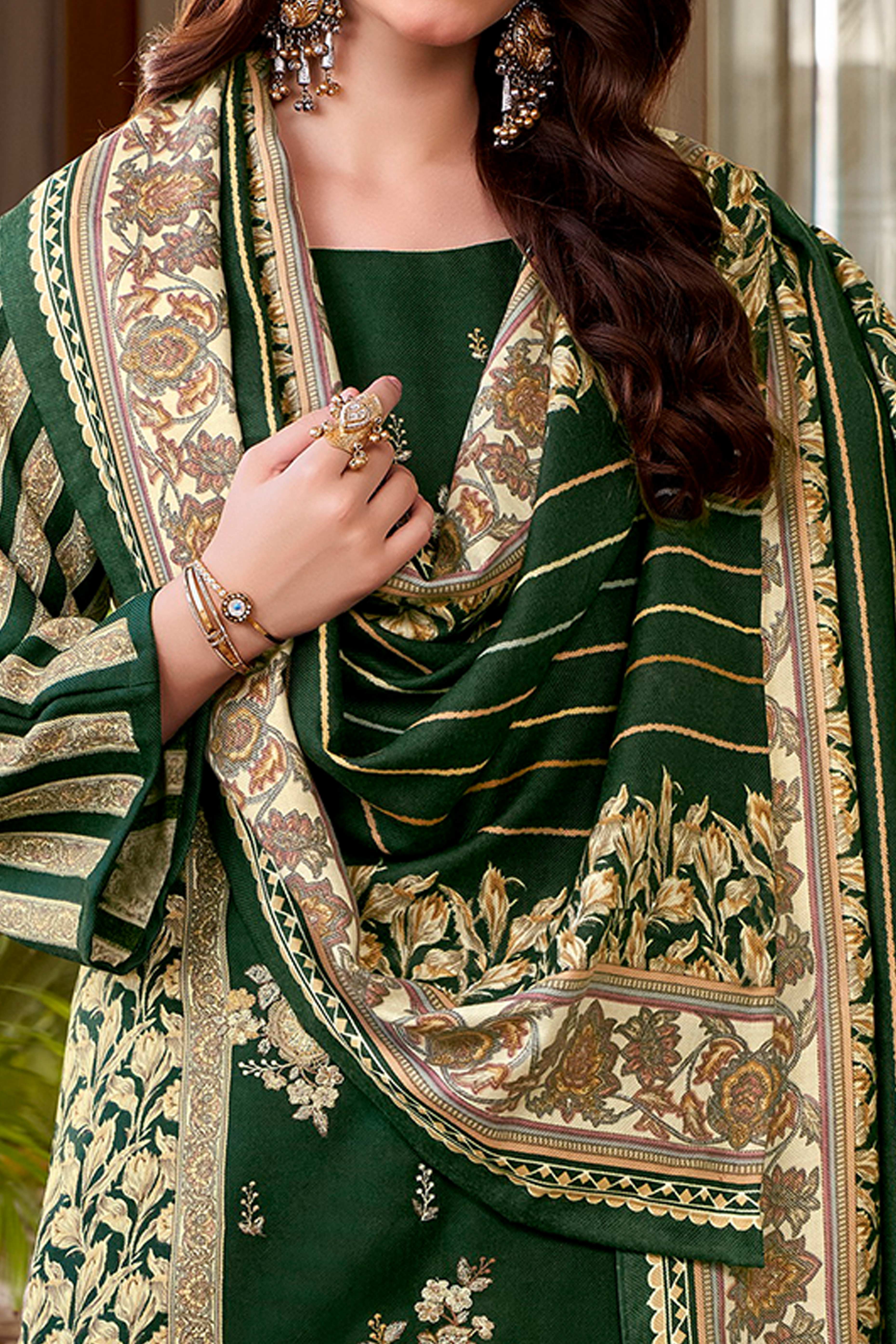 Green Floral Printed Pure Wool Pashmina Suit Material Ideal for Winter Fashion