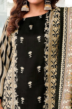 Black Floral Printed Pure Wool Pashmina Suit Material Ideal for Winter Fashion
