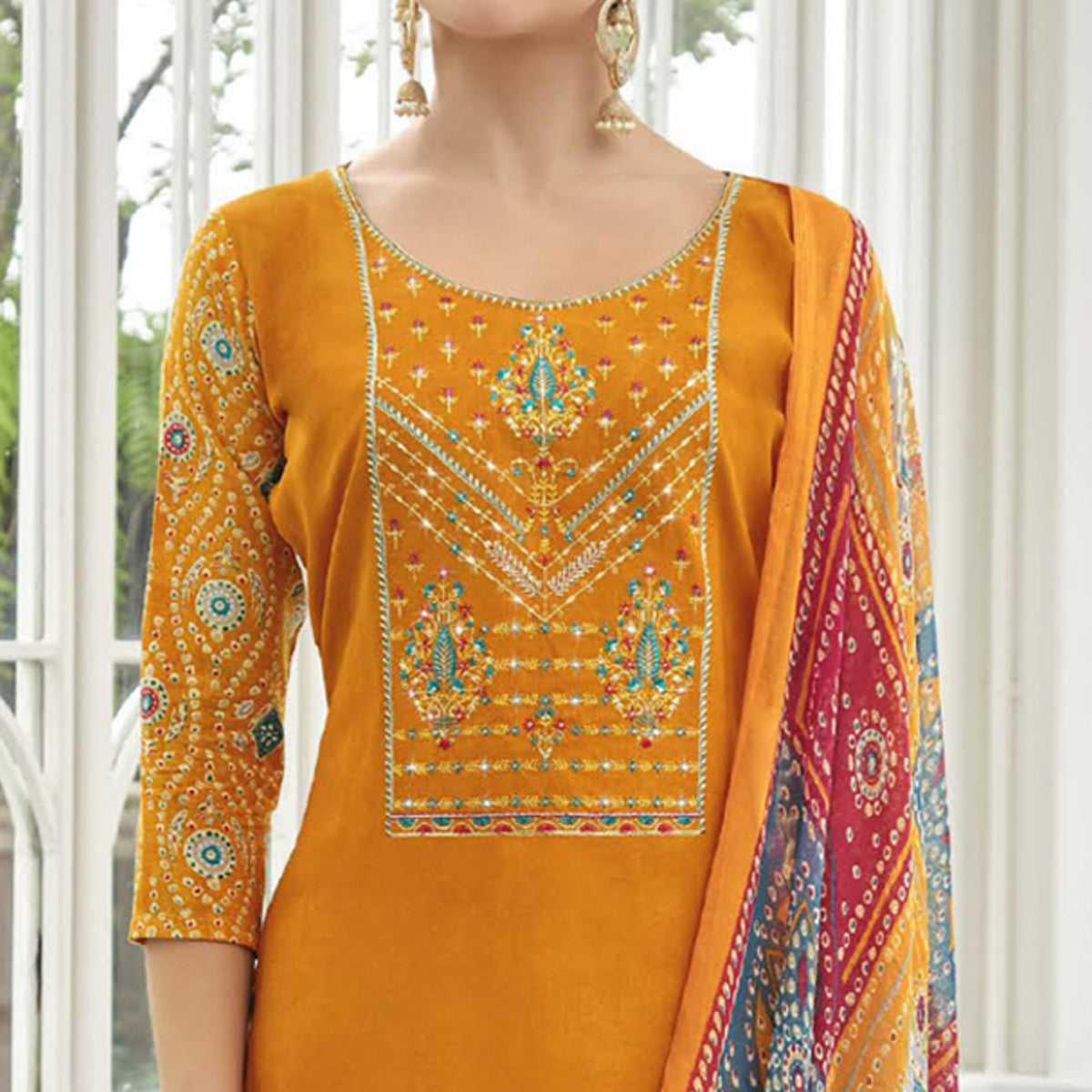 Orange Printed With Embroidered Rayon Suit