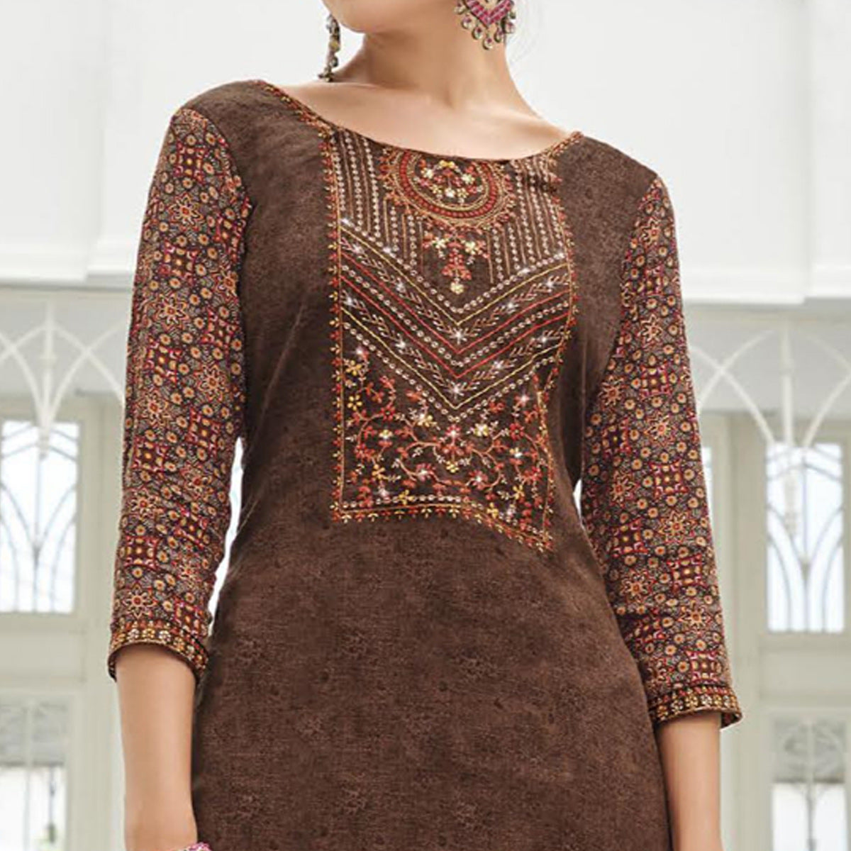 Brown Printed With Embroidered Rayon Suit