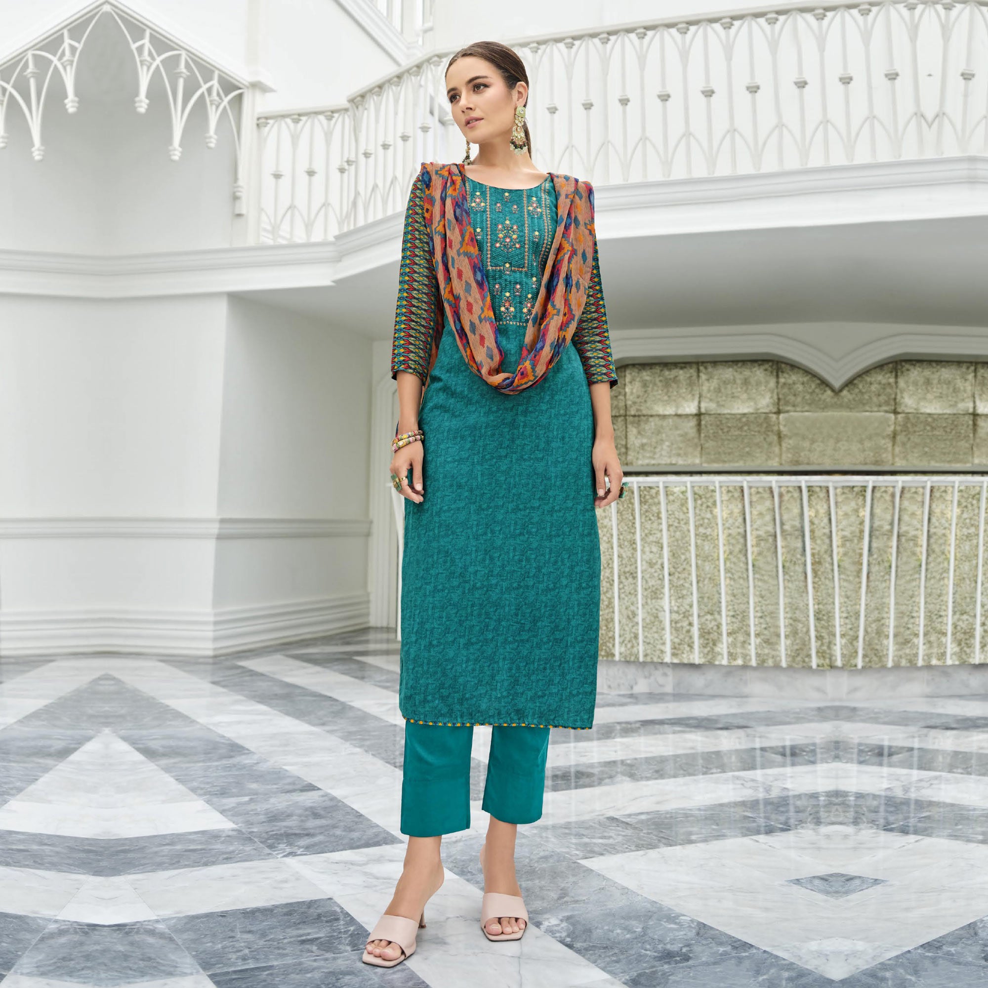Teal Green Printed With Embroidered Rayon Suit