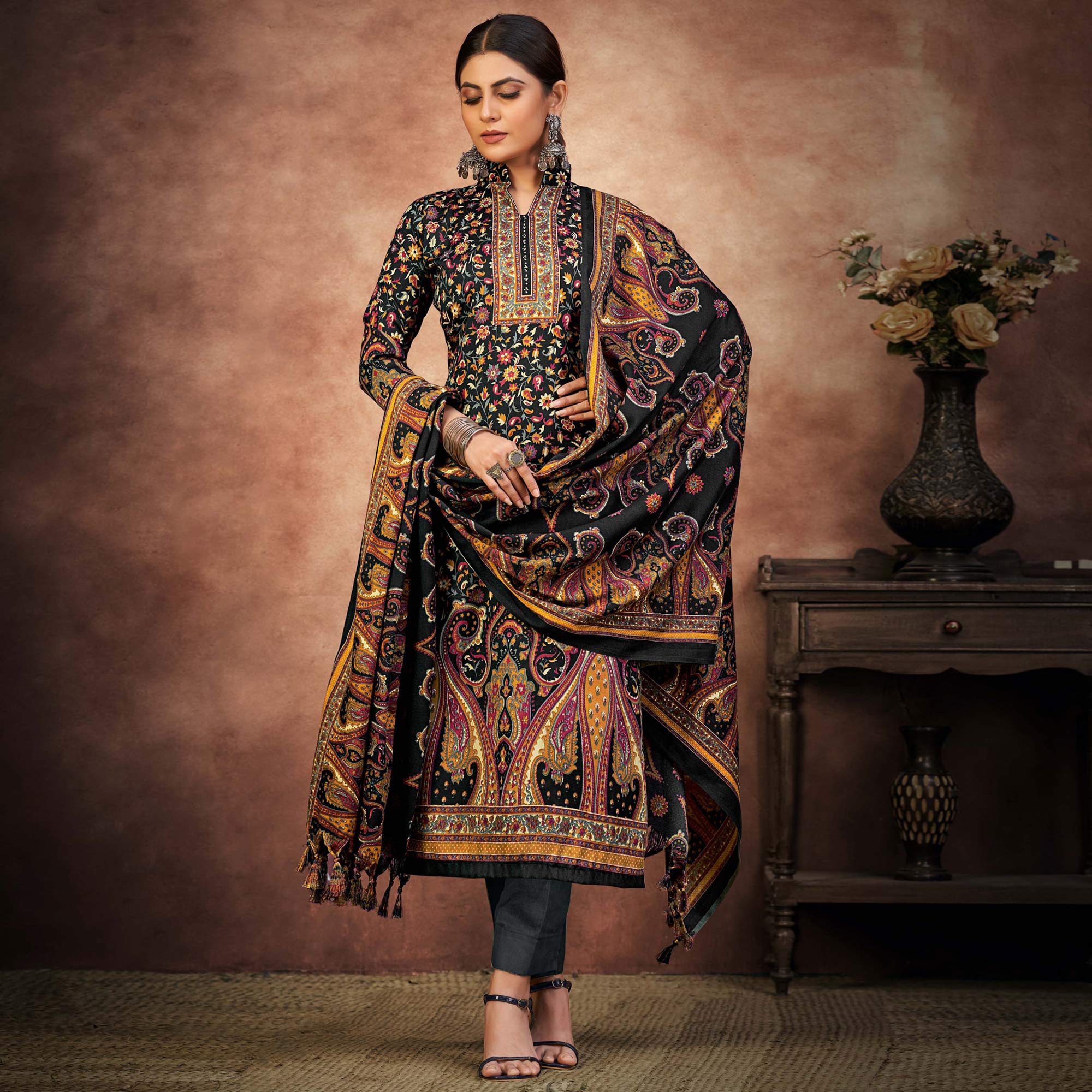 Black Floral Printed With Swarovski Work Pashmina Suit
