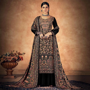 Black Floral Printed Pashmina Woolen Suit